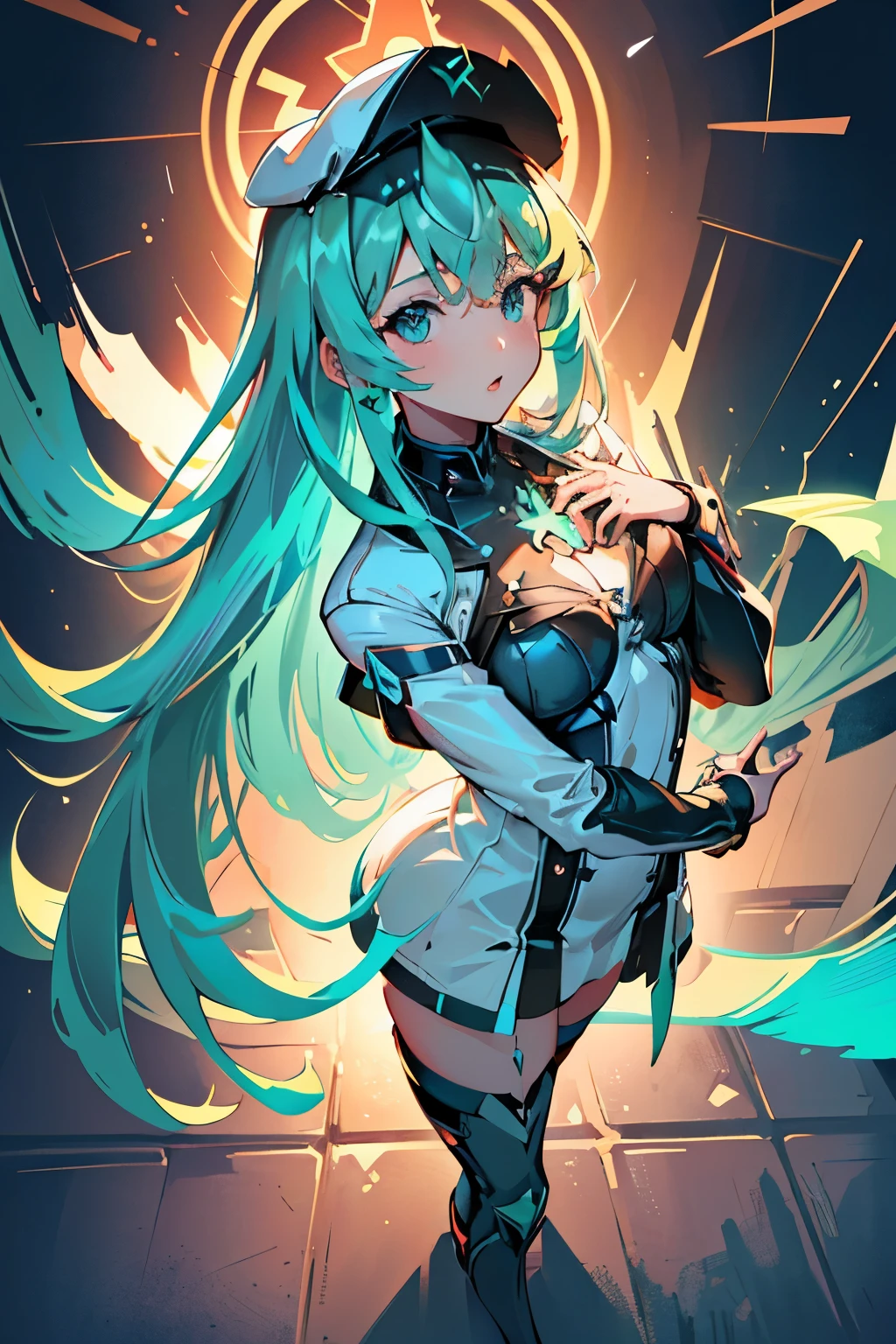 Anime, Girl, (((1girl))), (((Waifu, Xenoblade Chronicles 2, Pneuma Waifu))), (((Seafoam Green Hair, Long Hair))), ((Seafoam Green Eyes eyes:1.3, Upturned Eyes: 1, Perfect Eyes, Beautiful Detailed Eyes, Gradient eyes: 1, Finely Detailed Beautiful Eyes: 1, Symmetrical Eyes: 1, Big Highlight On Eyes: 1.2)), (((Lustrous Skin: 1.5, Bright Skin: 1.5, Skin Fair, Shiny Skin, Very Shiny Skin, Shiny Body, Plastic Glitter Skin, Exaggerated Shiny Skin, Illuminated Skin))), (Detailed Body, (Detailed Face)), Young, Idol Pose, (Best Quality), Techwear, (((Military Uniform))), (((Military Cap))), (((Military Coat))), (((Thigh-high Heeled Boots))), High Resolution, Sharp Focus, Ultra Detailed, Extremely Detailed, Extremely High Quality Artwork, (Realistic, Photorealistic: 1.37), 8k_Wallpaper, (Extremely Detailed CG 8k), (Very Fine 8K CG), ((Hyper Super Ultra Detailed Perfect Piece)), (((Flawlessmasterpiece))), Illustration, Vibrant Colors, (Intricate), High Contrast, Selective Lighting, Double Exposure, HDR (High Dynamic Range), Post-processing, Background Blur