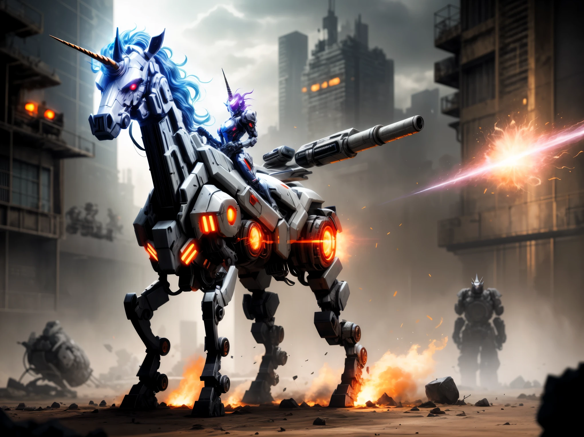 concept art, epic armored mech-unicorn ready for battle, deep shadow, cinematic lighting, high contrast, detailed metallic texture, vibrant colors, dynamic pose, explosive energy, dystopian background, intense atmosphere