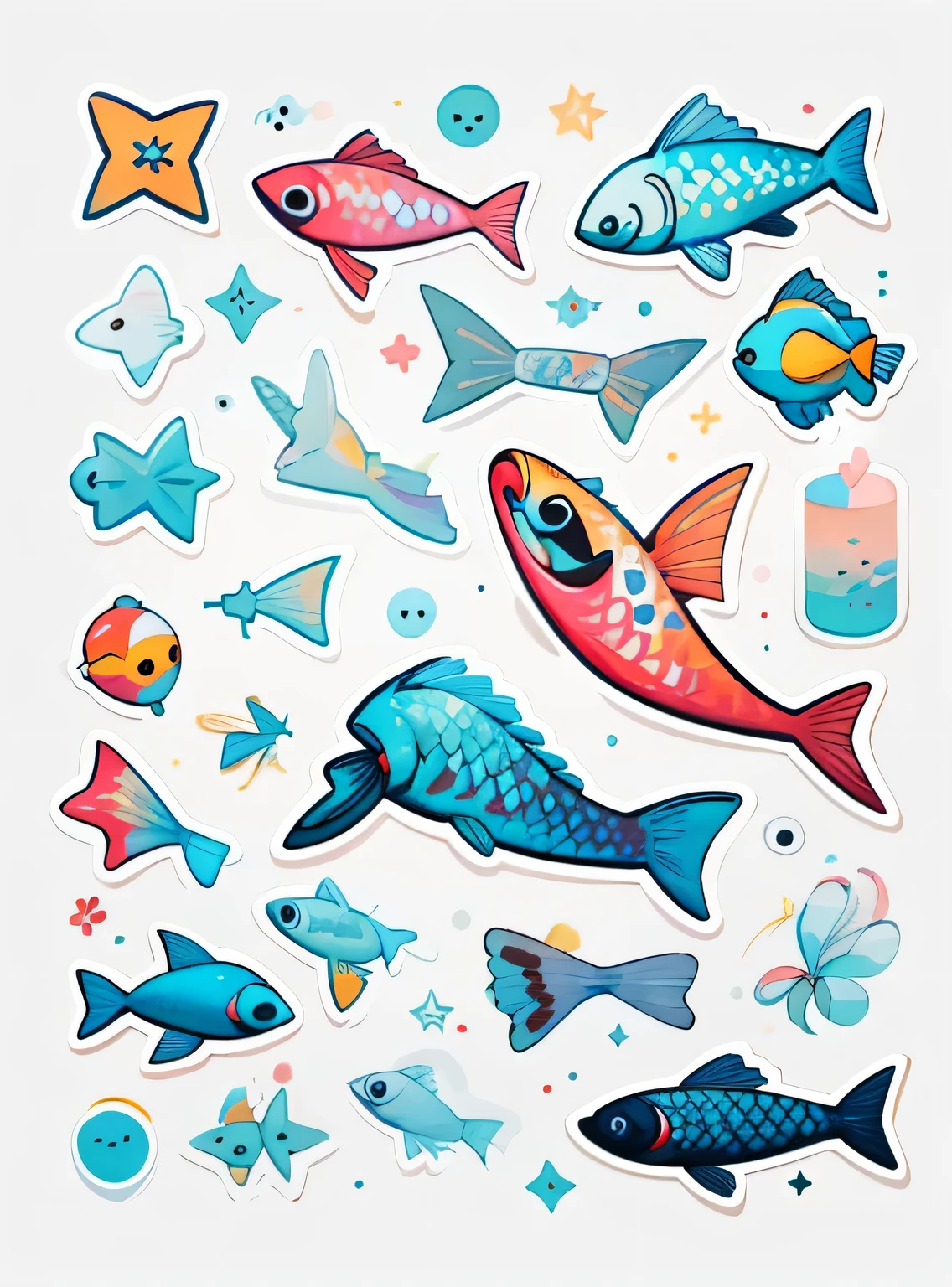 1 adesivo, (adesivos, peixe simples), aquarela, fundo branco, fundo simples, minimum, pequeno, cor pastel, estilo vetorial, sem gradiente,