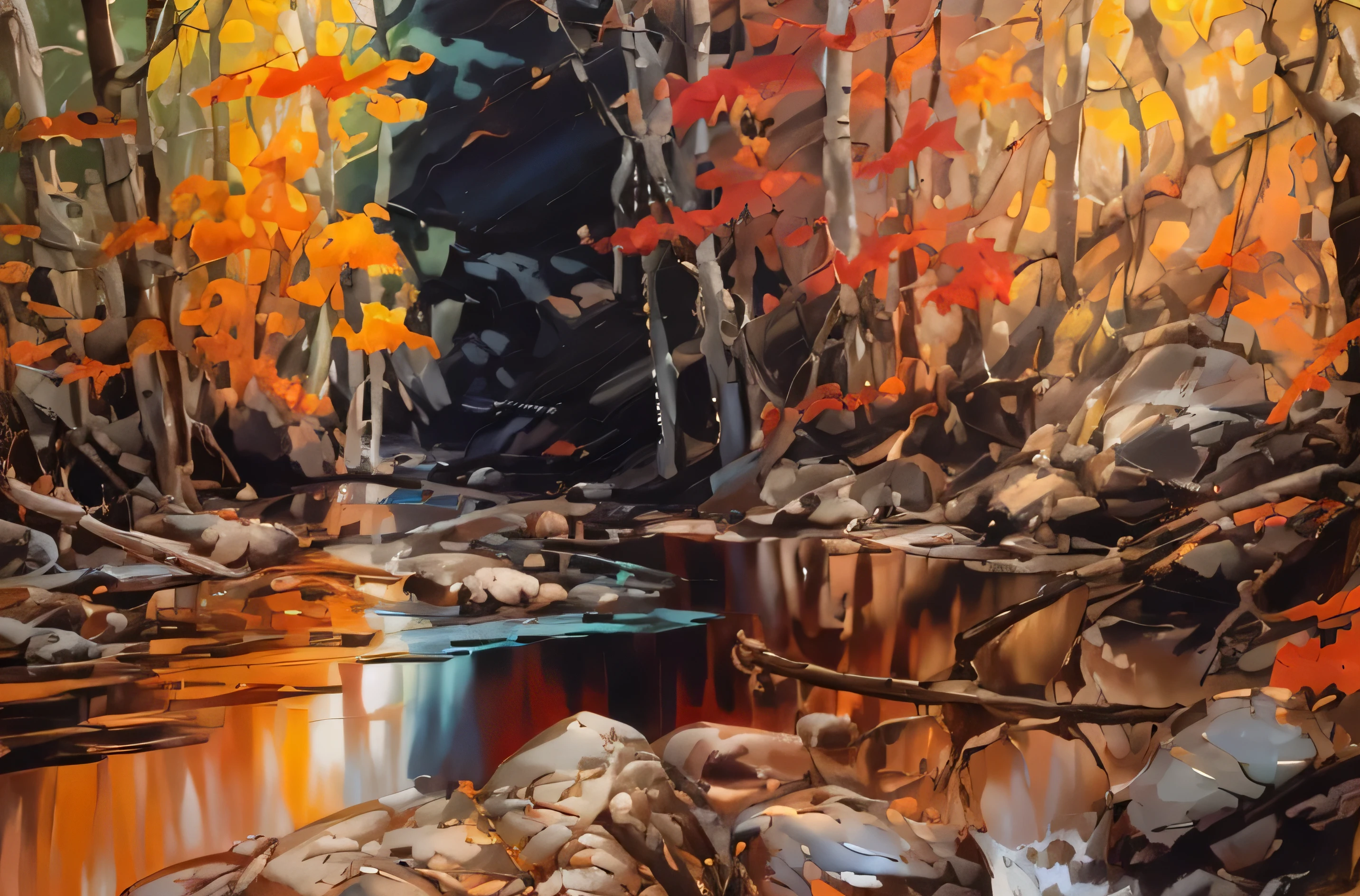 painting of a stream in a forest with rocks and trees, vivid jewel tone colors by Michael Sutfin, by Vincent Proce, by David Park, great light and shadows”, by Yves Tanguay, by Richard Sedlon, inspired by James Pittendrigh MacGillivray, inspired by Tom Thomson, high reflections oil, autumn light, serene scene, steve henderson and mark brooks
