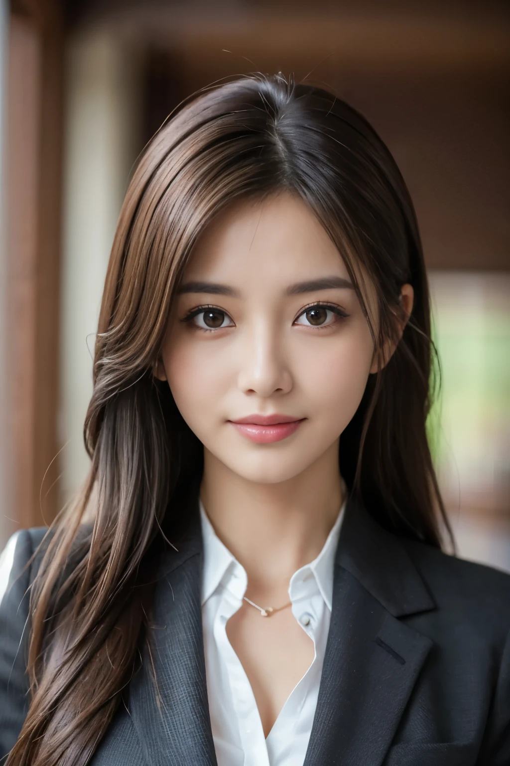table top、highest quality、genuine、Super detailed、finely、High resolution、8k wallpaper、one beautiful woman、、、light brown disheveled hair、wearing a business suit、sharp focus、perfect dynamic composition、beautiful and fine eyes、thin hair、詳細なgenuineな肌の質感、smile、close-up portrait、model body shape