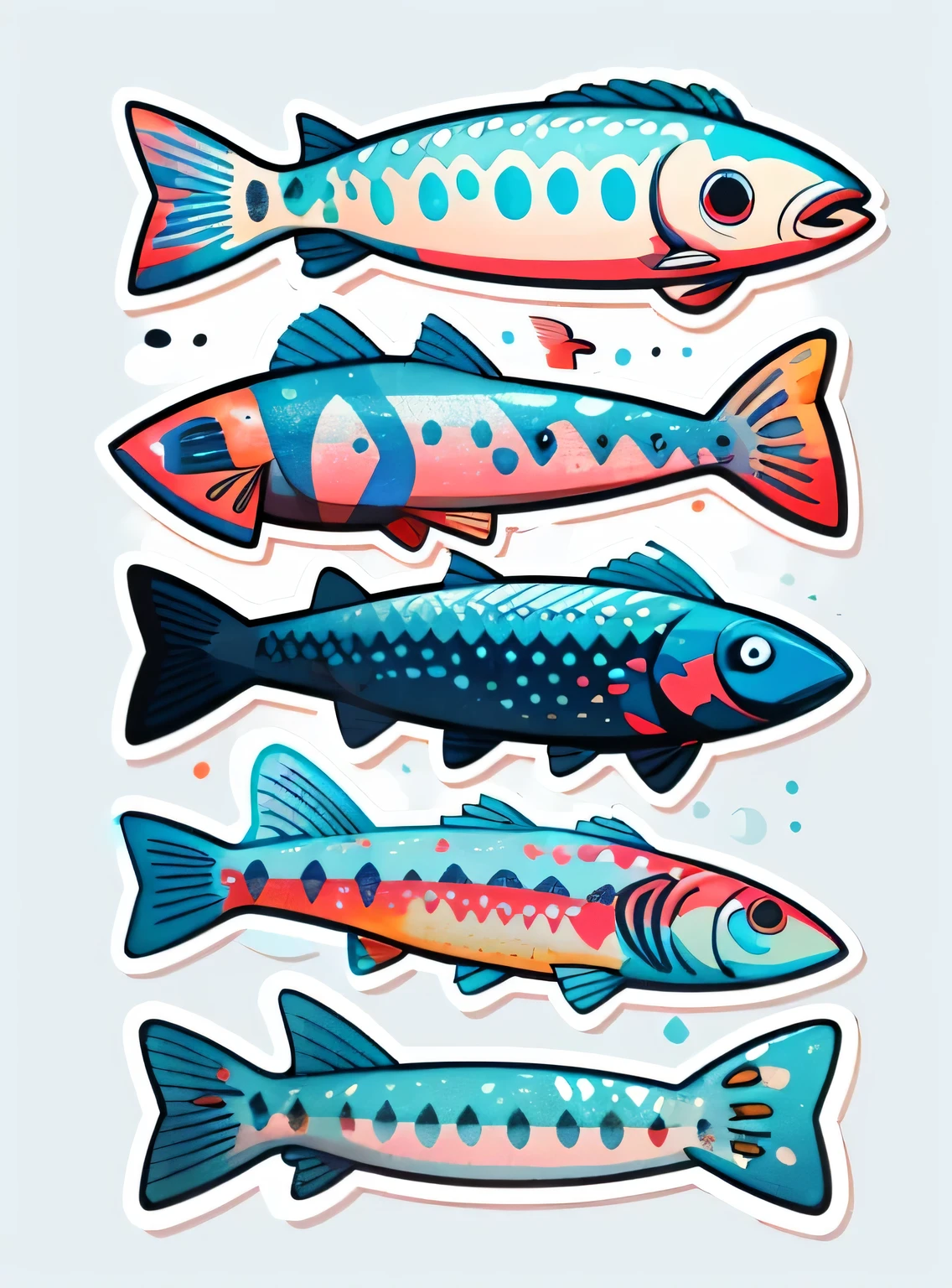 1 adesivo, (adesivos, peixe simples), aquarela, fundo branco, fundo azul, minimum, pequeno, cor pastel, estilo vetorial, sem gradiente,