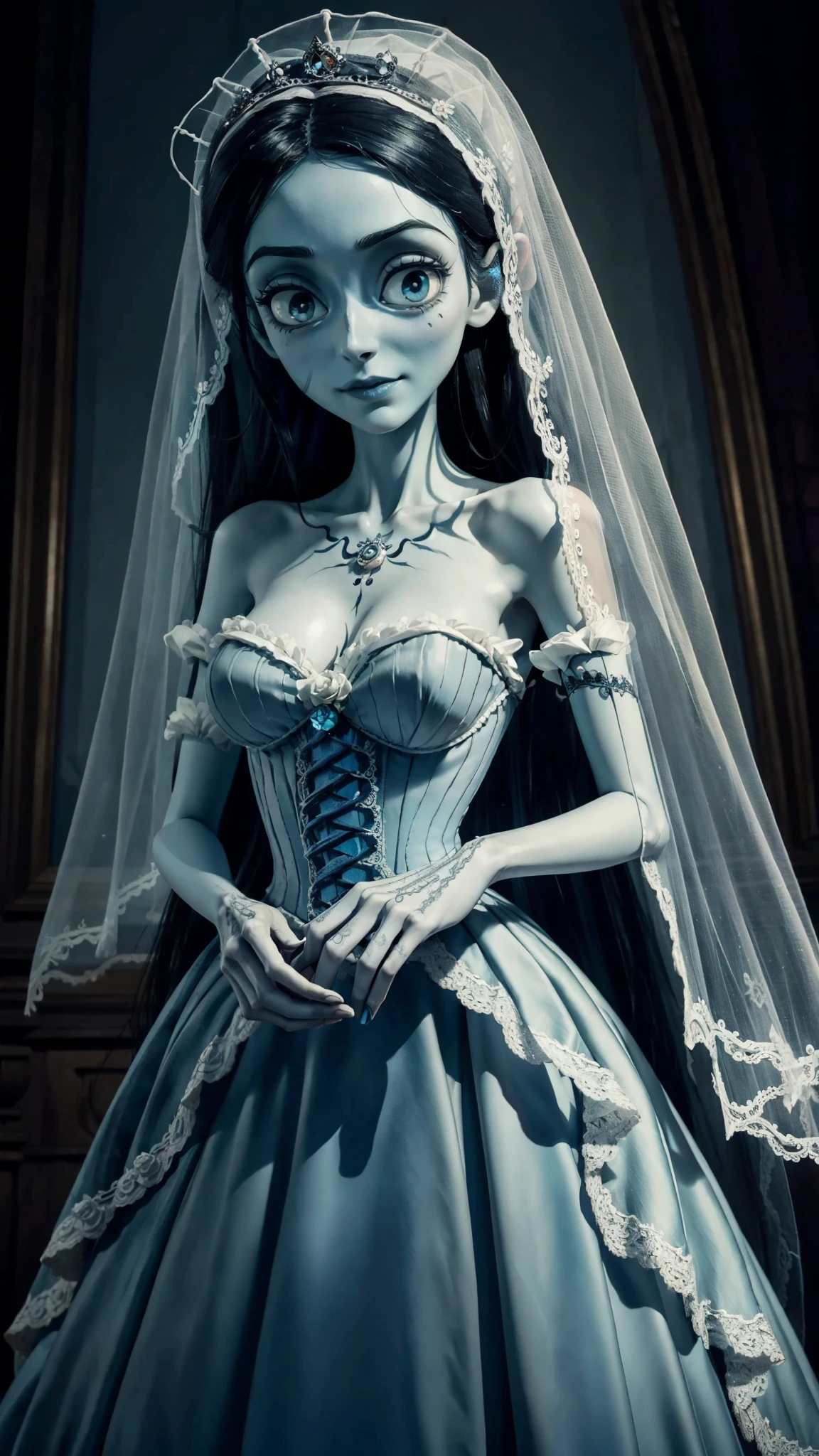 corpse bride, totally realistic, extremely detailed, perfect hands, full body, alone, always repeating the same face, always repeating the same appearance, always repeating the same proportions, always repeating the same outfit,