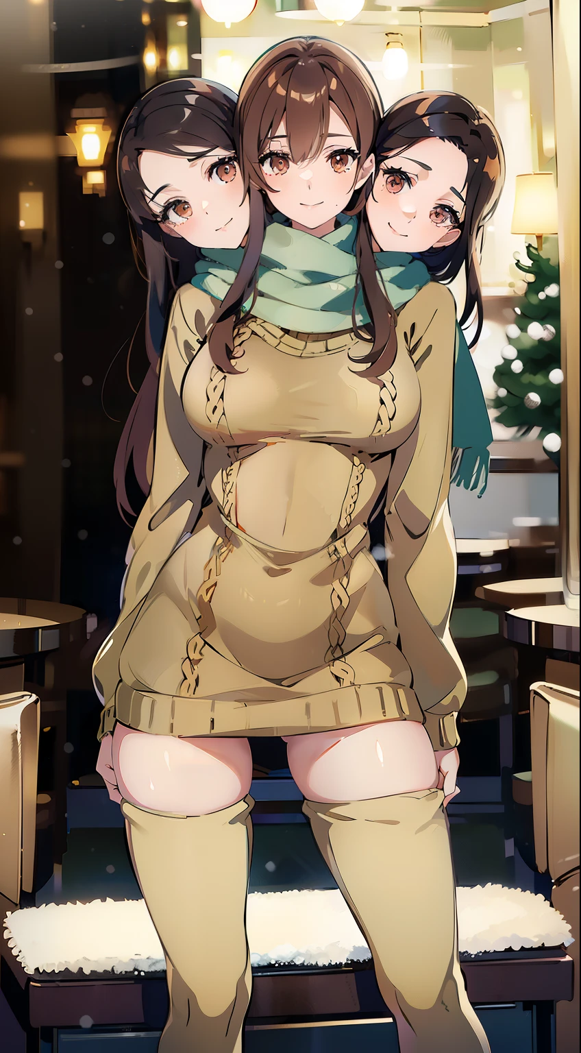 best quality, (masterpiece),(ultra-detailed), (high quality), (high resolution), (3heads:1.5) (brown hair), ((long sleeve winter sweater)), ((scarf)), best quality:1.5, highres, UHD, 4K), smiling, winter boots, winter pants, detailed hazel color eyes, (mature woman), casual dress, sexy proportions, Beautiful girl with accentuated slender abs, long legs, seductive woman, lustrous and smooth skin, snowy park