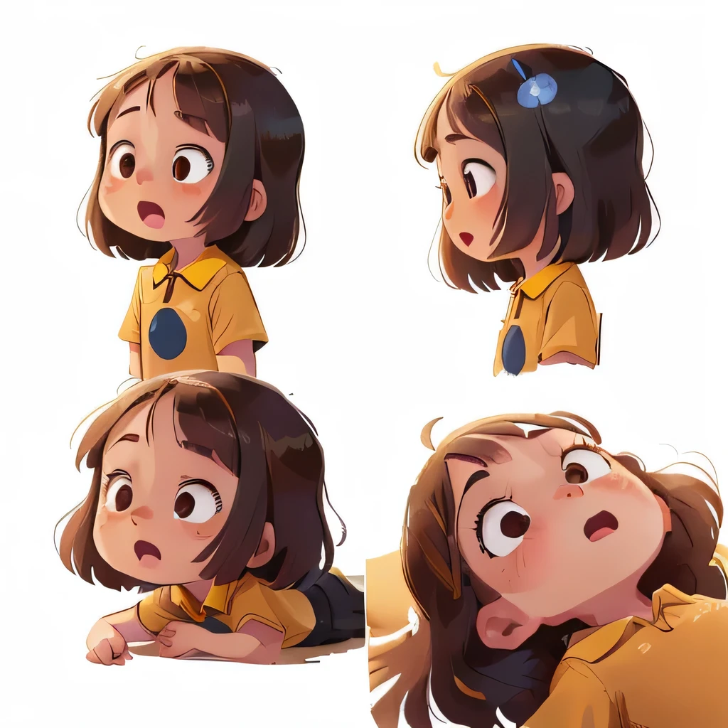 ((character design sheet, same character, front, side, back)), illustration, illustration, landscape, landscape, close-up, perfect quality, has clear focus (master piece: 1.2), different expressions (1.3), panicking, surprised, various expressions, happy, sad, angry, open mouth, shut up, disappointed 1, cute eyes, anthropomorphic styles, lying face down on the floor, a small 6 year old girl, full body, light skin, dark brown eyes, (( neck-length brown hair)), ((she is wearing a delicate dark blue dress with no prints underneath the yellow polo shirt dress)), red shoes, yellow socks and a red backpack, she is happy, adventurous, (Bokeh) (better quality) (detailed skin: 1.3) (intricate details) (8k) (eye detail) (sharp focus), white background, no background.