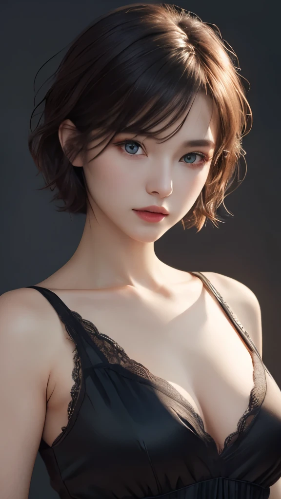 cinematic lighting、perfection、soft light、High resolution skin:1.2、realistic skin texture、30 year old mature woman、small face、no makeup、Bust B Cup、、Detailed beautiful eyes、short hair、dark brown hair、silk dress、cool pose、gray background