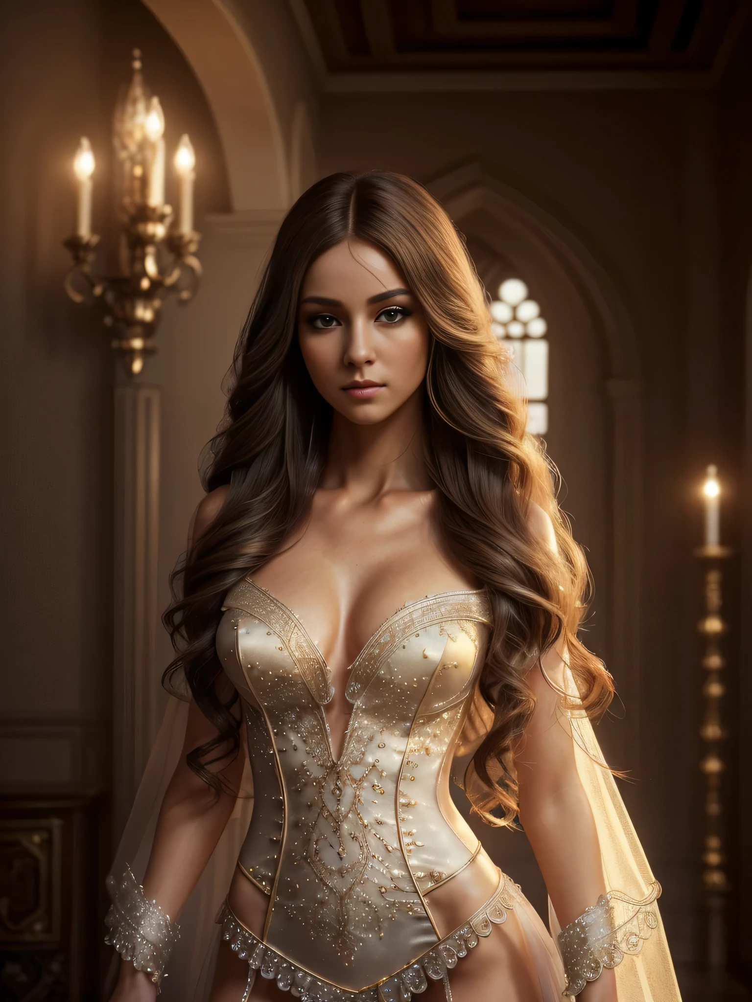 all intricate details: "((realistic, realissstic womaann,,Masterpiece, Best quality, High resolution), slim build, (dreamy atmosphere, Soft lighting),(1 character),(Mysterious expression, Elegant Pose),(loose hair, bright eyes),(magic costume, Delicate details))"