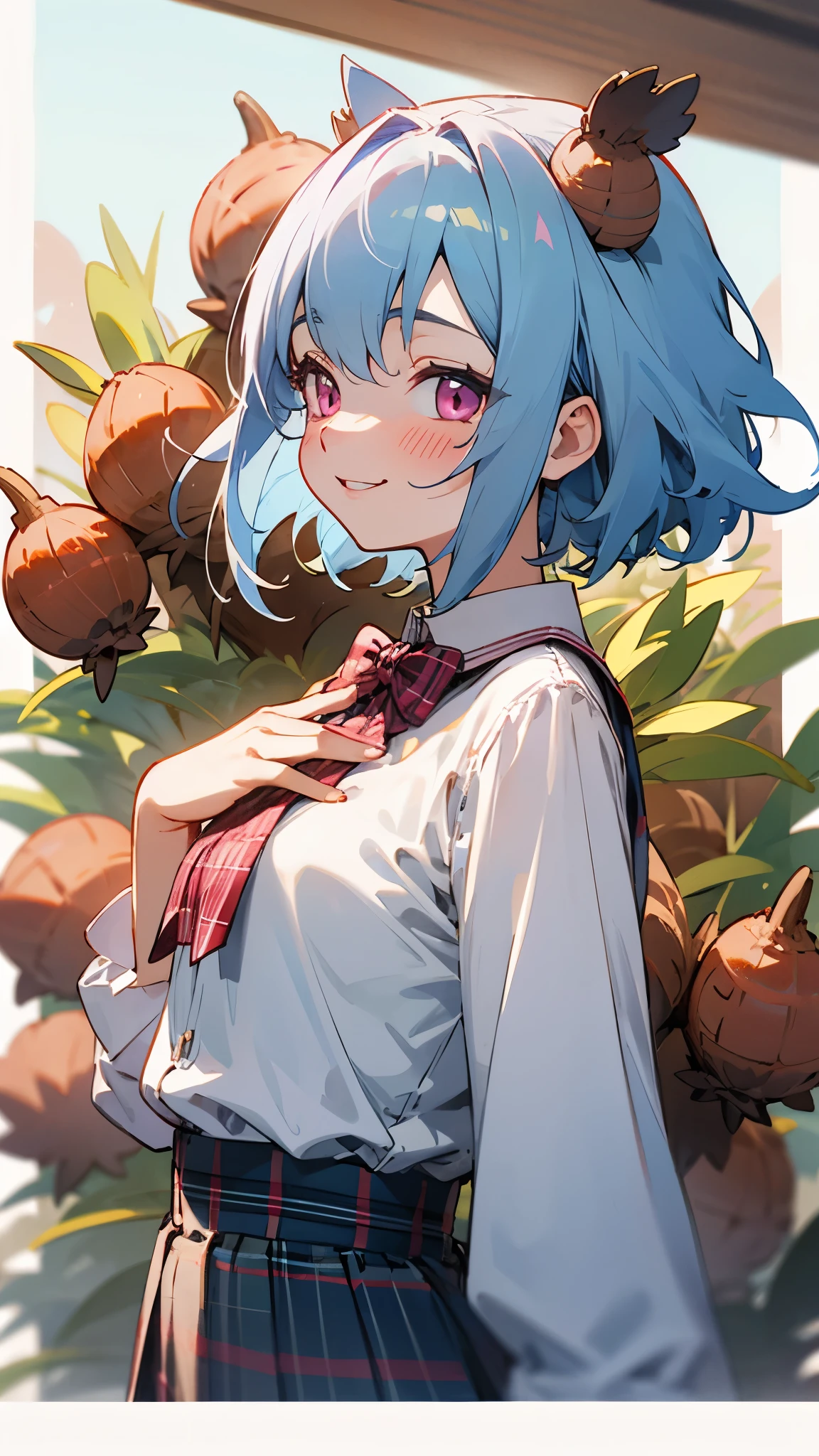 16 year old girl、light blue hair、pink eyes、smile、blush、small breasts、From the side、large amount of acorns、White blouse shirt、plaid mini skirt、upper body up