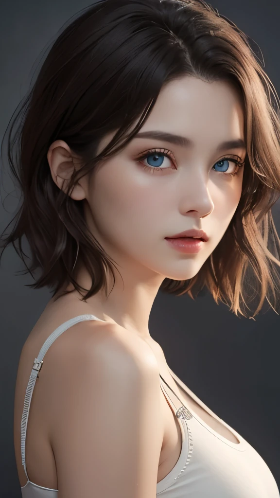 cinematic lighting、perfection、soft light、High resolution skin:1.2、realistic skin texture、30 year old mature woman、small face、no makeup、Bust B Cup、、Detailed beautiful eyes、short hair、dark brown hair、Silk Tank Top、gray background