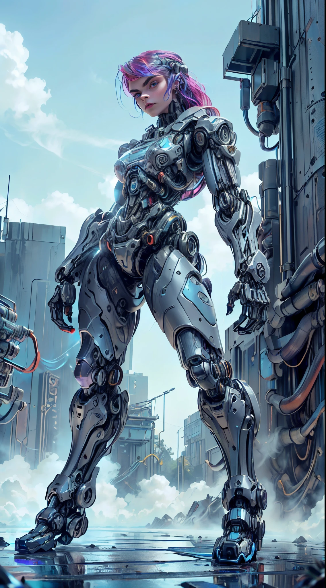 (1 girl), (beautiful cyborg queen looking at camera:1.25), (cara delevingne:1.25), (robotic mechanical physique:1.25), (full body pose:1.25), (covered in cables and mechanical muscles:1.25), (android muscular anatomy:1.25), (perfect fingers:1.25),(8k, RAW photo, photorealistic:1.25), sci fi atmosphere, futuristic Technopolis, alien landscape,