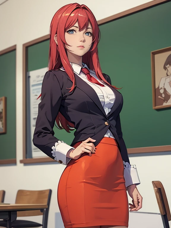 (high quality:1.2), intricate detailed, digital art, TakashiroHiroko, 1girl, mature female, solo, hand on hip, holding book, cowboy shot, looking at viewer, smile, blush, purple eyes, long hair, red hair, earrings, jewelry, teacher, blouse, bowtie, blazer, pencil skirt, thighhighs, curvy, large breasts, school, window, sky, sunlight, city, complex background, sunset,((3/4 perspective, three-quarter perspective))