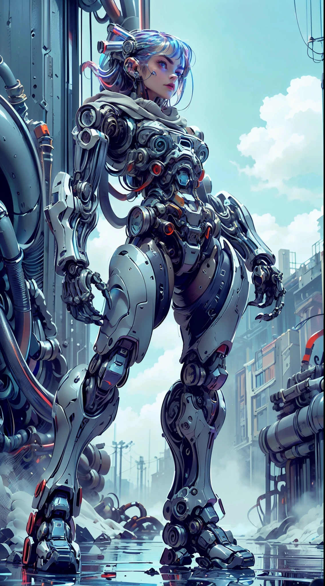 (1 girl), (beautiful cyborg queen looking at camera:1.25), (cara delevingne:1.25), (robotic mechanical physique:1.25), (full body pose:1.25), (covered in cables and mechanical muscles:1.25), (android muscular anatomy:1.25), (perfect fingers:1.25),(8k, RAW photo, photorealistic:1.25), sci fi atmosphere, futuristic Technopolis, alien landscape,