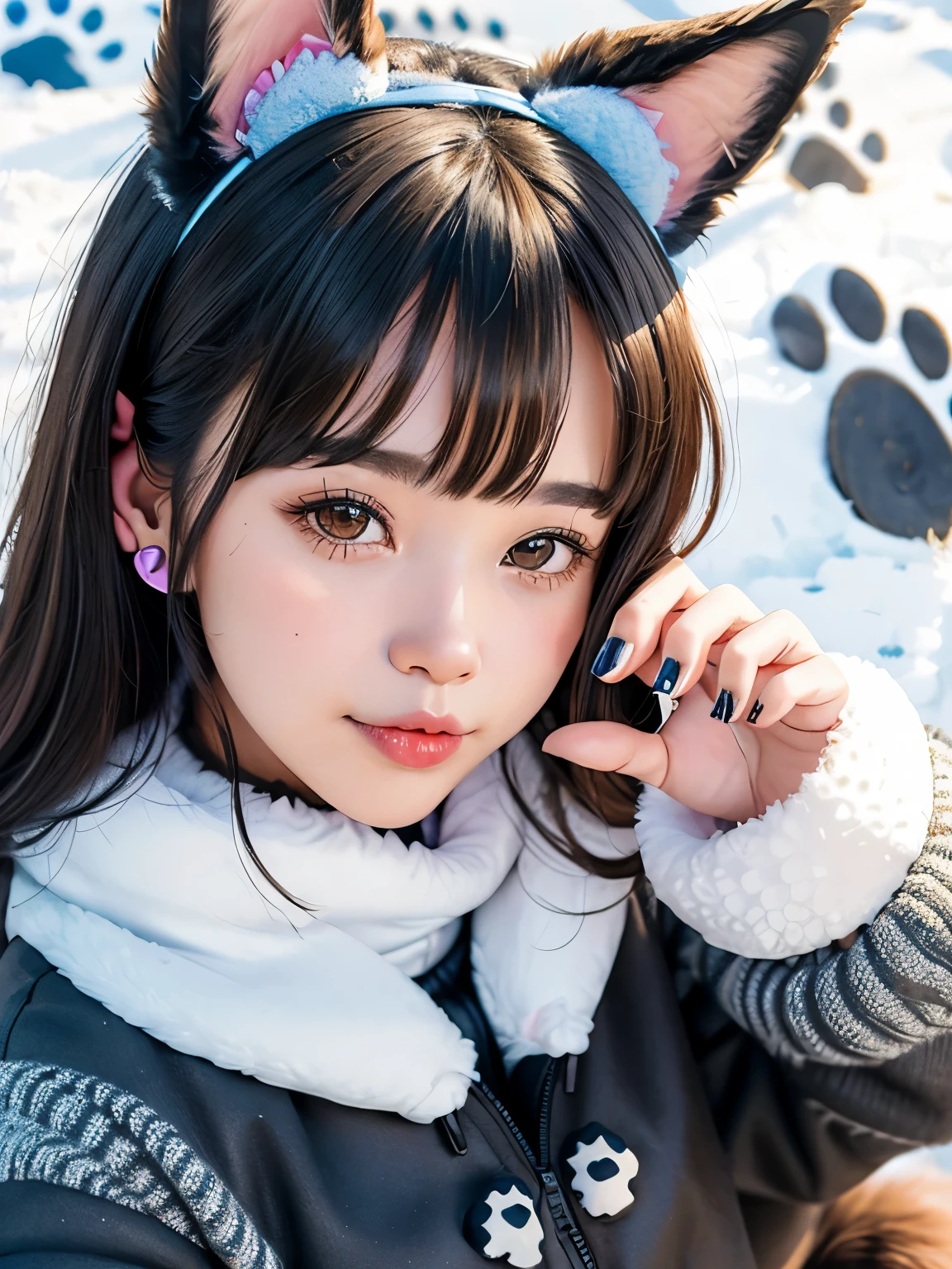 girl,((dog ears:1.3)),((Fancy and cute winter clothes)),Angle from above,((cute pose)),BREAK//((Animal footprints background:1.3)),((colorful:1.2)),((close up of face))