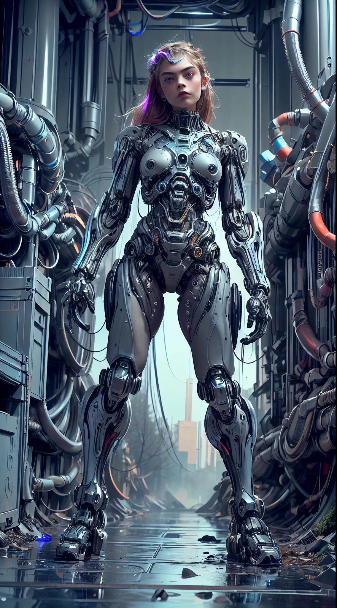 (1 girl), (beautiful cyborg queen looking at camera:1.25), (cara delevingne:1.25), (robotic mechanical physique:1.25), (full body pose:1.25), (covered in cables and mechanical muscles:1.25), (android muscular anatomy:1.25), (perfect fingers:1.25),(8k, RAW photo, photorealistic:1.25), sci fi atmosphere, futuristic Technopolis, alien landscape,