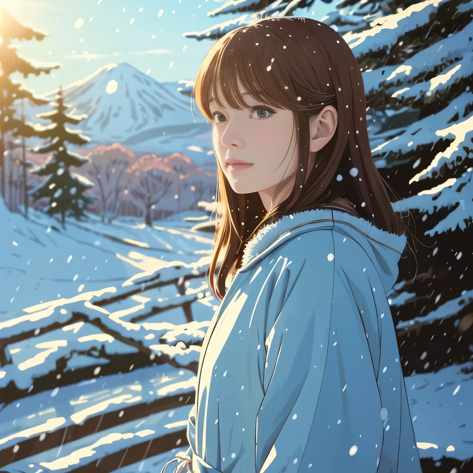 Illustration style、Ukiyo-e、Showa Anime、Woman facing this way、Japanese、The morning sun is shining in the background、Shinkai Makoto style、The season is winter、You can see the forest in the distance、It's snowing、 (highest quality, super detailed, portrait, Natural light)
