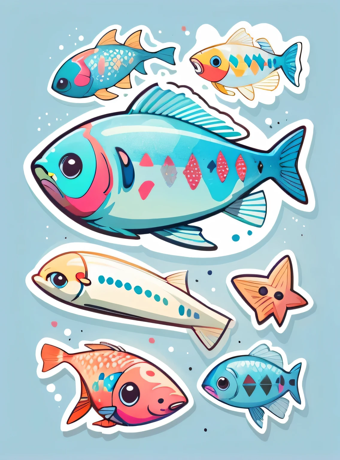 1 adesivo, (adesivos, peixe simples), aquarela, fundo azul, fundo simples, minimum, pequeno, cor pastel, estilo vetorial, sem gradiente,