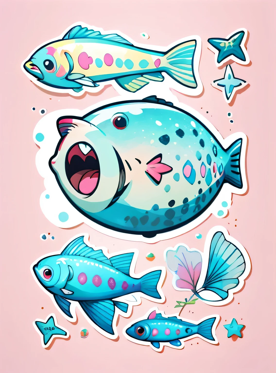 1 adesivo, (adesivos, peixe simples), aquarela, fundo rosa, fundo simples, minimum, pequeno, cor pastel, estilo vetorial, sem gradiente,