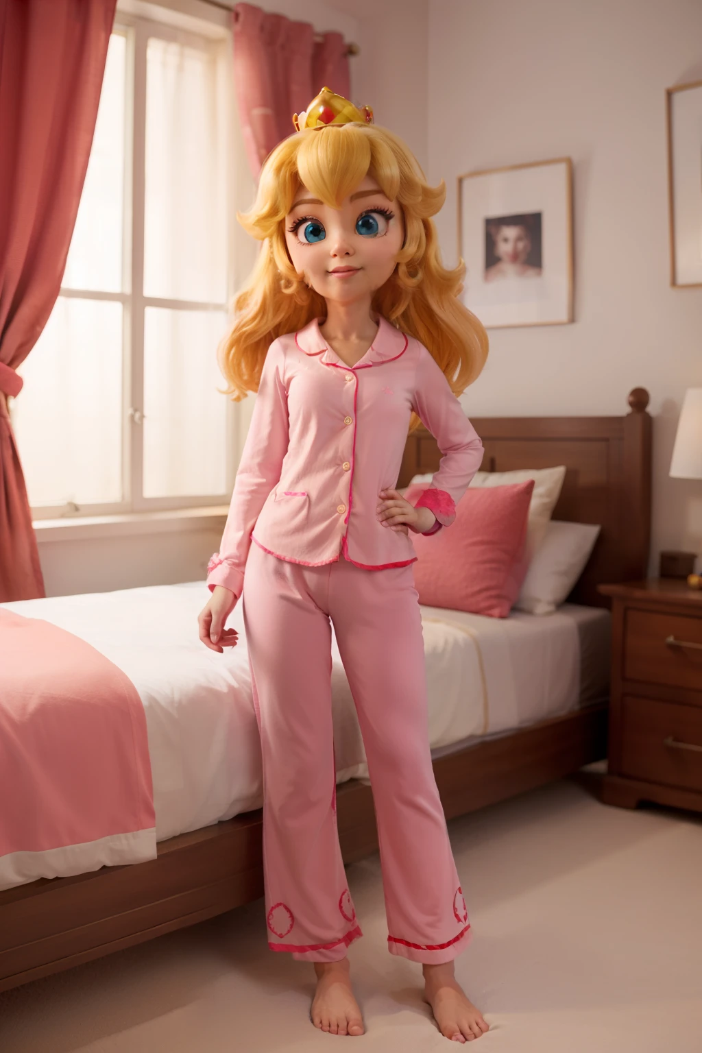 princess peach,pijamas ajustados, vista de la entrepierna,cama