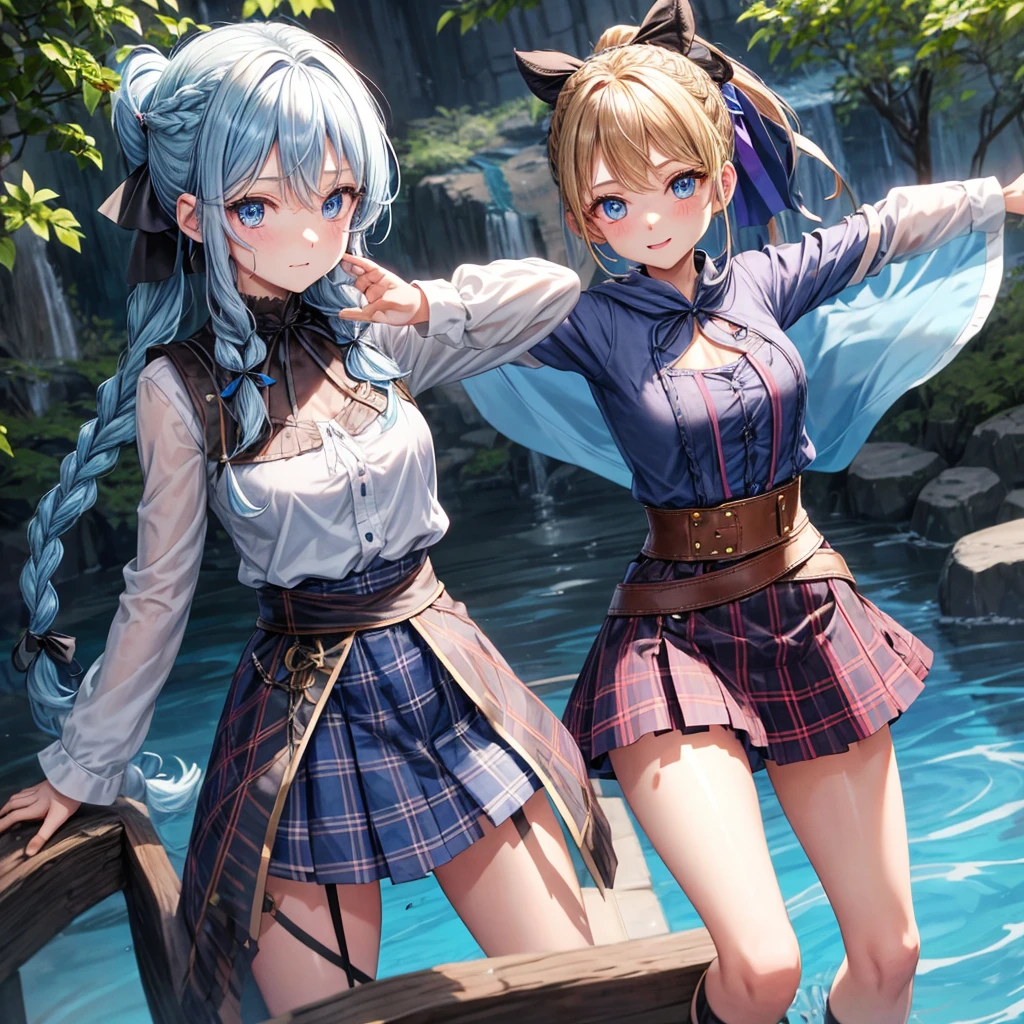 patina hair、blue eyes、Braid、ponytail、one good looking girl、solo、anime、Plaid miniskirt、camisole、black t-shirt、Tilting your face、Doing the ribbon、Ribbon at waist、Raising legs、cloak、the ground is cracked、Crystal Grotto、wearing a hood、look back