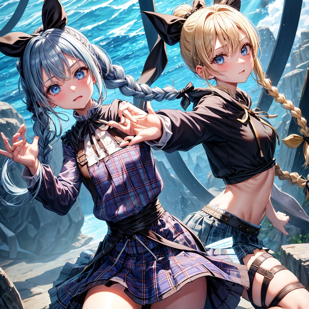 patina hair、blue eyes、Braid、ponytail、one good looking girl、solo、anime、Plaid miniskirt、camisole、black t-shirt、Tilting your face、Doing the ribbon、Ribbon at waist、Raising legs、cloak、the ground is cracked、Crystal Grotto、wearing a hood、look back