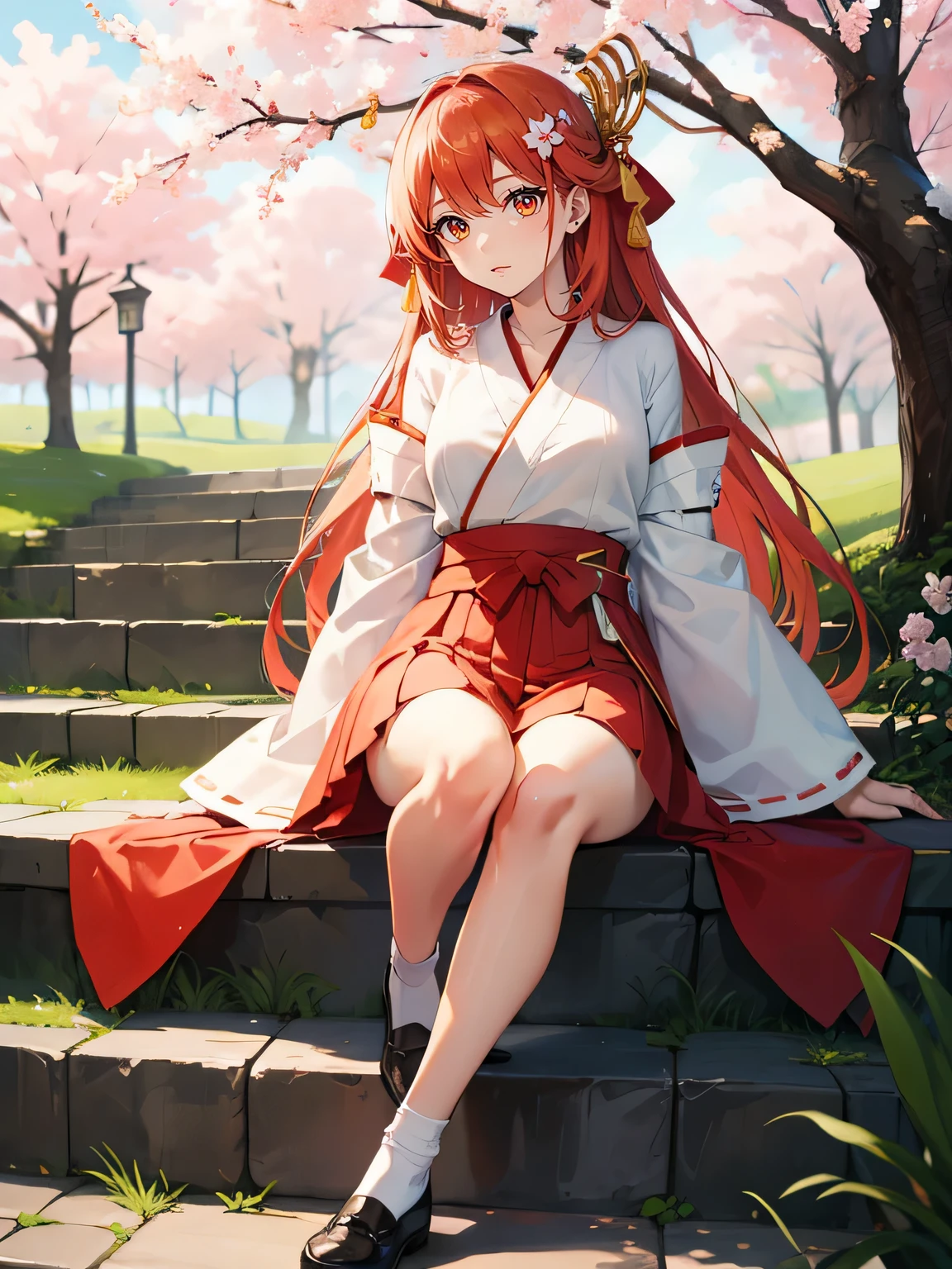 high quality, high resolution, 8k，Painting pears，Reddish-orange hair，girl，loose miko uniform，long hair，On the steps，under the cherry blossom tree