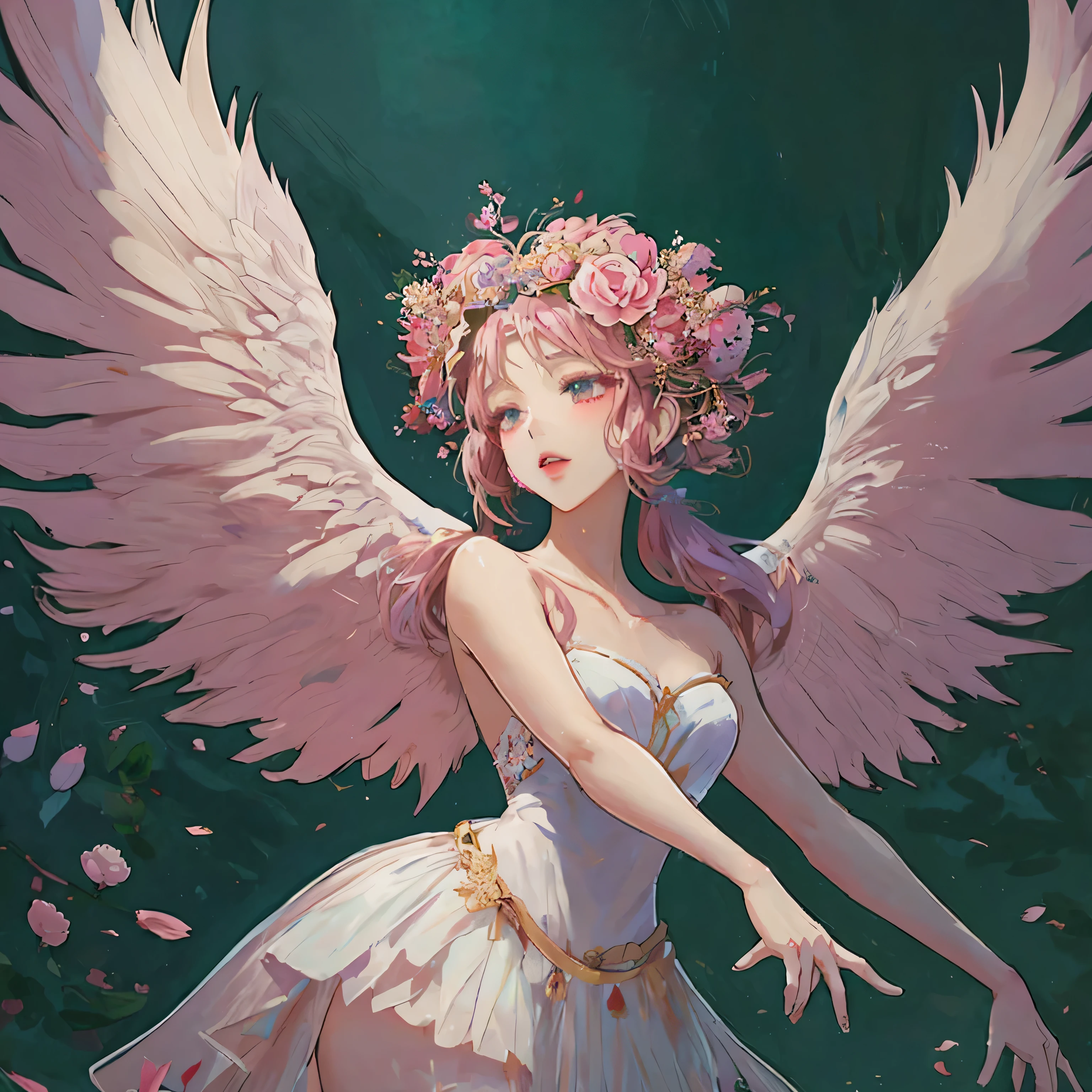 Anime character with rosy wings and hair, holding a bouquet of flowers. Wings: White and reminiscent of an angel's, adding an ethereal quality to the figure. Dress: White gown embellished with flowers matching those in the bouquet and the diadem. Diadem: A floral crown made of petals and blossoms, harmonizing with the natural theme present in other elements of the attire. Background: Abstract backdrop of petal-like shapes and leafy patterns, painted in soft pastel hues to evoke a dreamy ambiance.