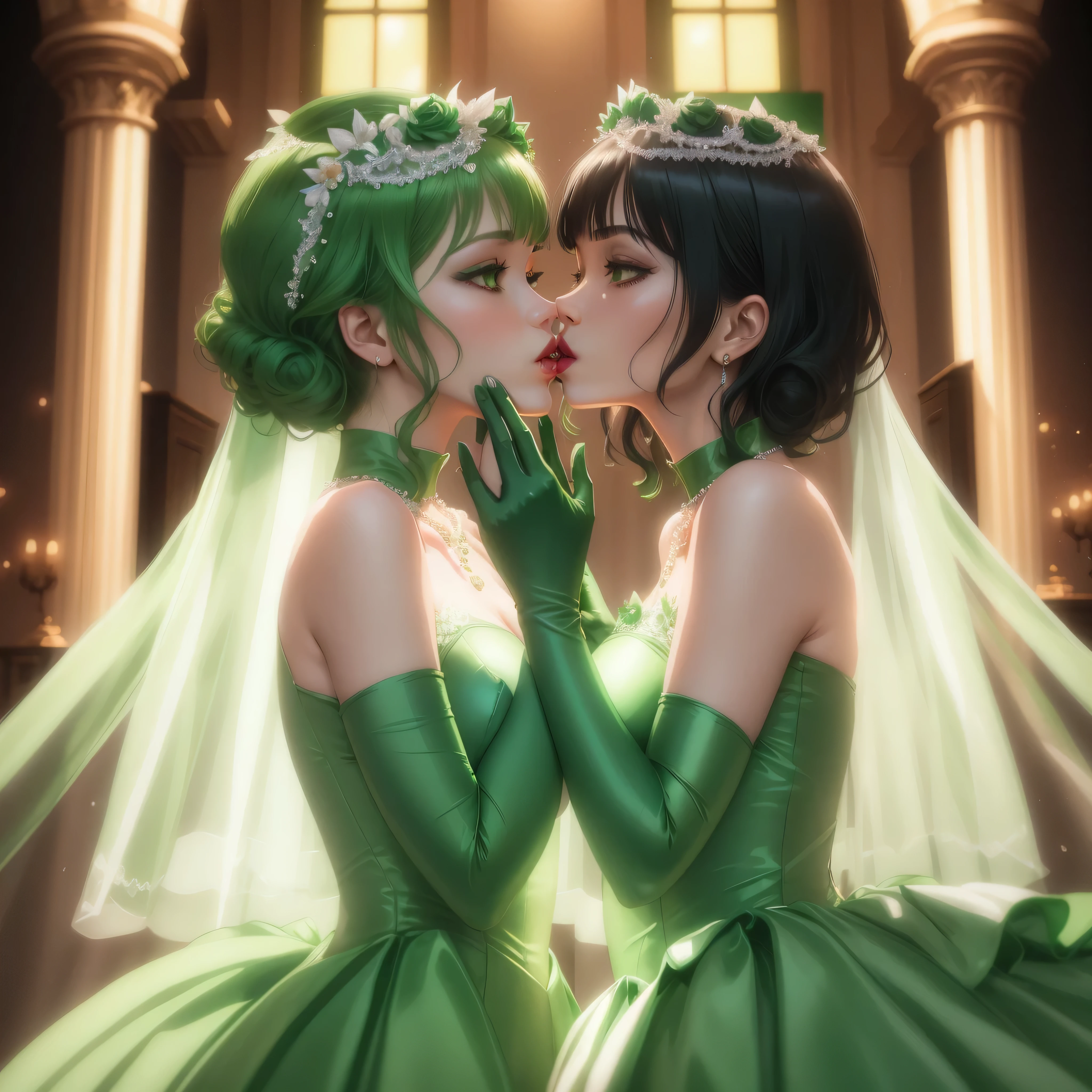 Green Satin Long Gloves, Green dress, Green shorthair, lipstick, kiss, bride, green pearl necklace, 緑のbride,Green Satin Long Gloves, Green Bridal Veil, Green shorthair, lipstick, kiss, bride, green pearl necklace, 緑のbride, lesbian, green eyes, emerald tiara, emerald earrings