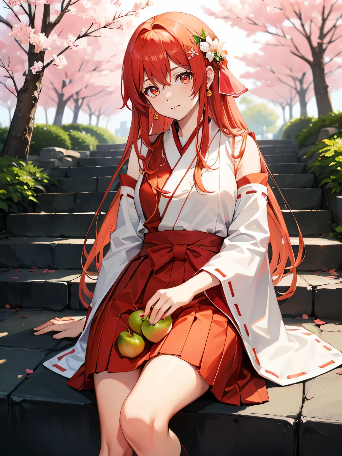 high quality, high resolution, 8k,Painting pears,Reddish-orange hair,girl,loose miko uniform,long hair,On the steps,under the cherry blossom tree