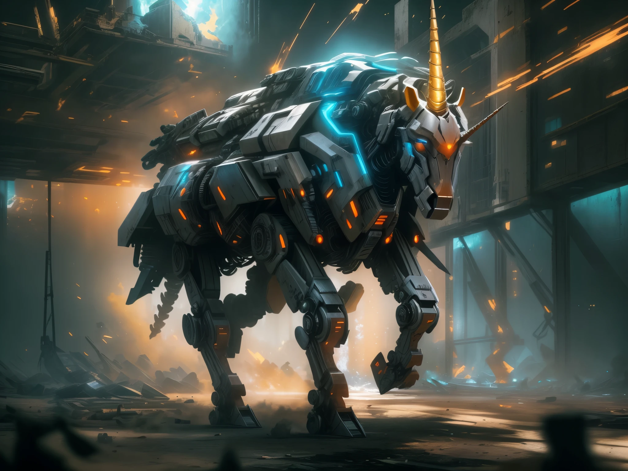 concept art, epic armored mech-unicorn ready for battle, deep shadow, cinematic lighting, high contrast, detailed metallic texture, vibrant colors, dynamic pose, explosive energy, dystopian background, intense atmosphere