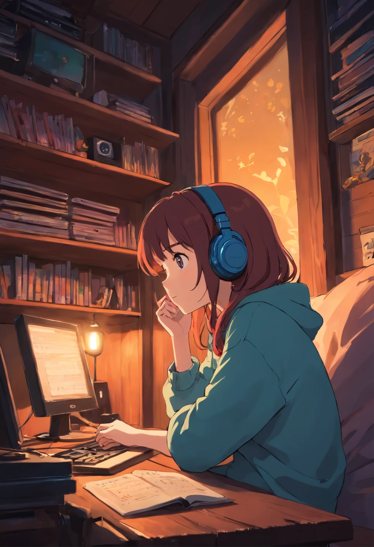 Girl listening to music in a cozy room at night, Use headphones, 2D style anime, lo fi, hard disk, Dark medium