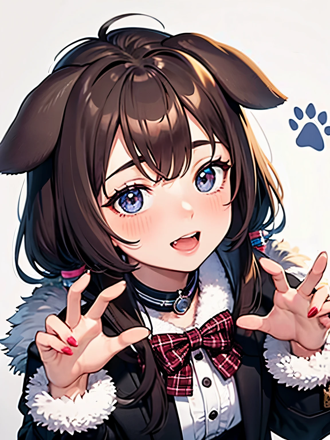 girl,((dog ears:1.3)),((Fancy and cute winter clothes)),Angle from above,((cute pose)),BREAK//((Animal footprints background:1.3)),((colorful:1.2)),((close up of face))
