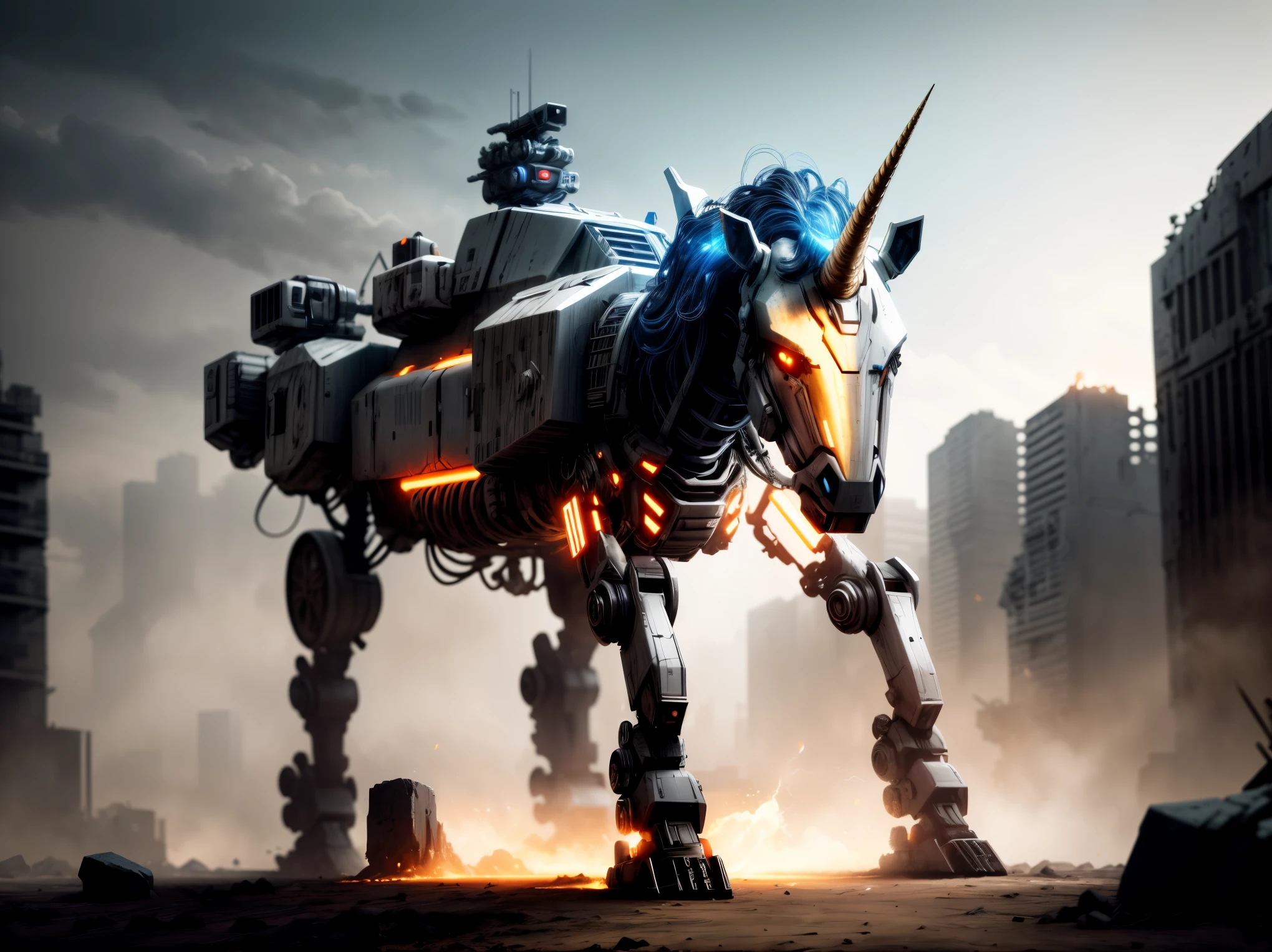 concept art, epic armored mech-unicorn ready for battle, deep shadow, cinematic lighting, high contrast, detailed metallic texture, vibrant colors, dynamic pose, explosive energy, dystopian background, intense atmosphere