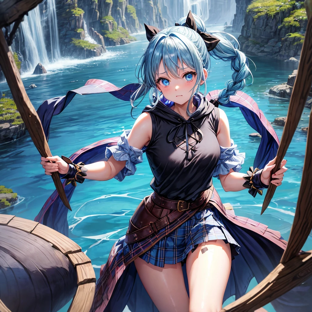 patina hair、blue eyes、Braid、ponytail、one good looking girl、solo、anime、Plaid miniskirt、camisole、black t-shirt、Tilting your face、Doing the ribbon、Ribbon at waist、Raising legs、cloak、the ground is cracked、Crystal Grotto、wearing a hood、look back