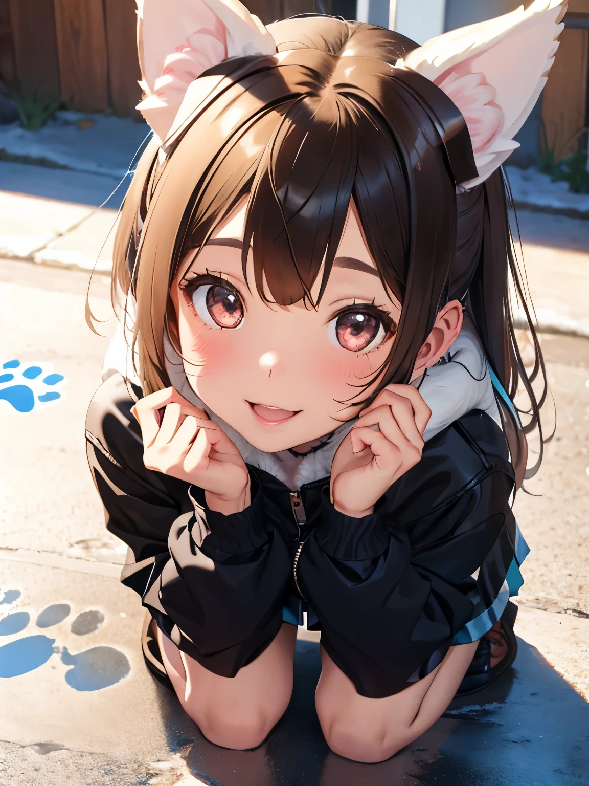 girl,((dog ears:1.3)),((Fancy and cute winter clothes)),Angle from above,((cute pose)),BREAK//((Animal footprints background:1.3)),((colorful:1.2)),((close up of face))