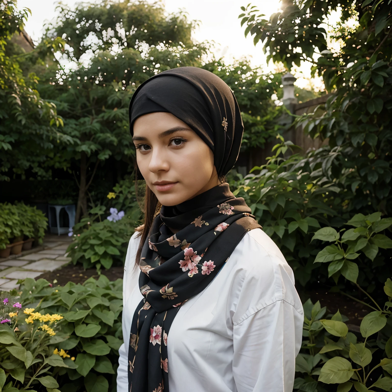 A young woman wearing a headscarf stands in the garden.