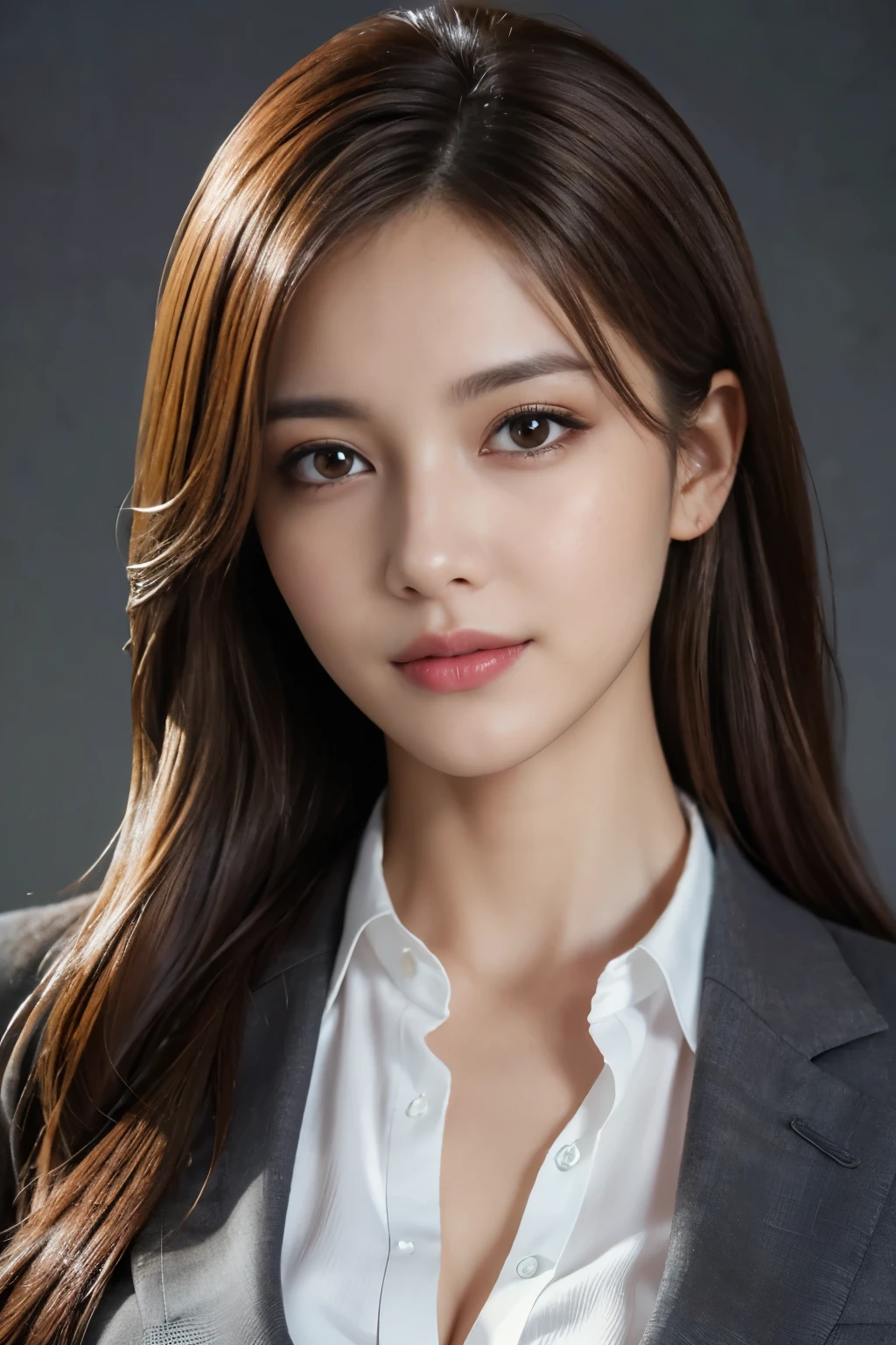 masterpiece, highest quality, realistic, Super detailed, attention to detail, High resolution, 8k wallpaper, one beautiful woman,, light brown messy hair, wearing a business suit, sharp focus, perfect dynamic composition, beautiful and detailed eyes, thin hair, Detailed realistic skin texture, smile, close-up portrait, model body shape