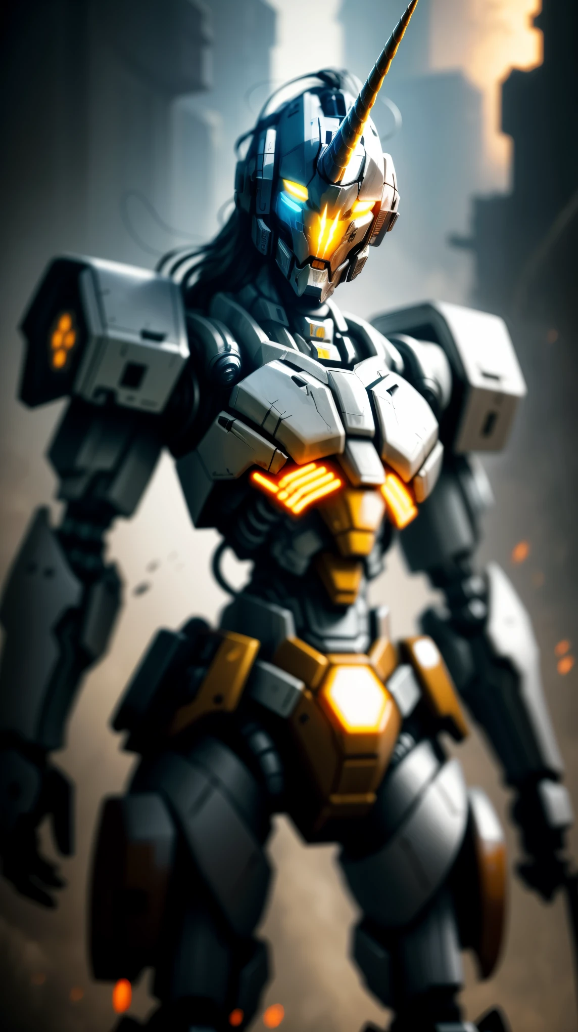 concept art, epic armored mech-unicorn ready for battle, deep shadow, cinematic lighting, high contrast, detailed metallic texture, vibrant colors, dynamic pose, explosive energy, dystopian background, intense atmosphere