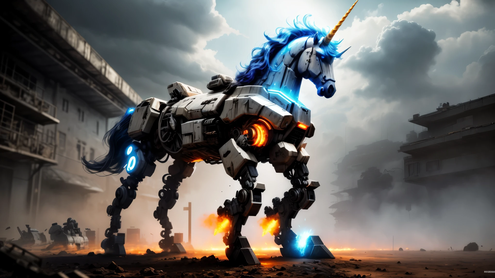 concept art, epic armored mech-unicorn ready for battle, deep shadow, cinematic lighting, high contrast, detailed metallic texture, vibrant colors, dynamic pose, explosive energy, dystopian background, intense atmosphere