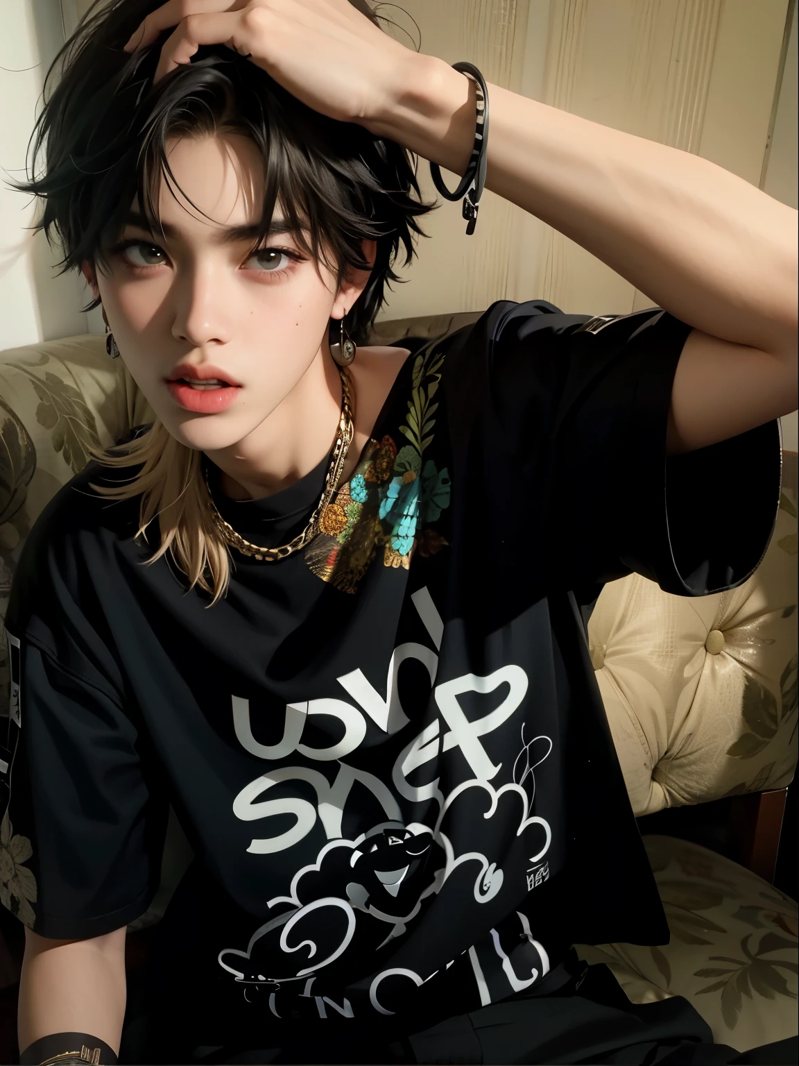 There is a man who is sitting with a cell phone, sol yunjoo, complejo!!, ropa de calle japonesa, con estilo pop punk, Jungkook de BTS, el lleva ropa de calle, cai xukun, chiho, Rena nunen estilo 3/4, Cruel korean gothic boy, Jinyoung Shin, 👅 👅, Estilo fresco, estilo emo, oficial