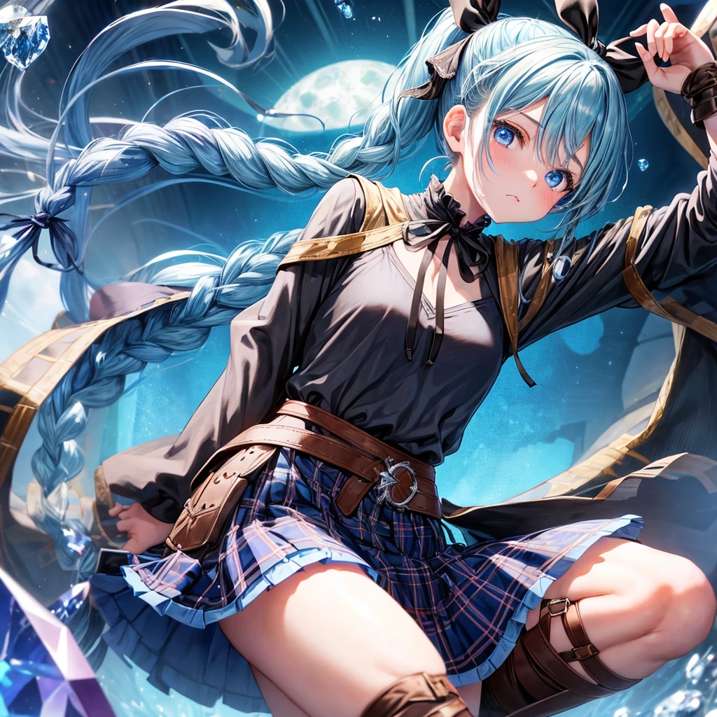 patina hair、blue eyes、Braid、ponytail、one good looking girl、solo、anime、Plaid miniskirt、camisole、black t-shirt、Tilting your face、Doing the ribbon、Ribbon at waist、Raising legs、cloak、the ground is cracked、Crystal Grotto、wearing a hood、look back