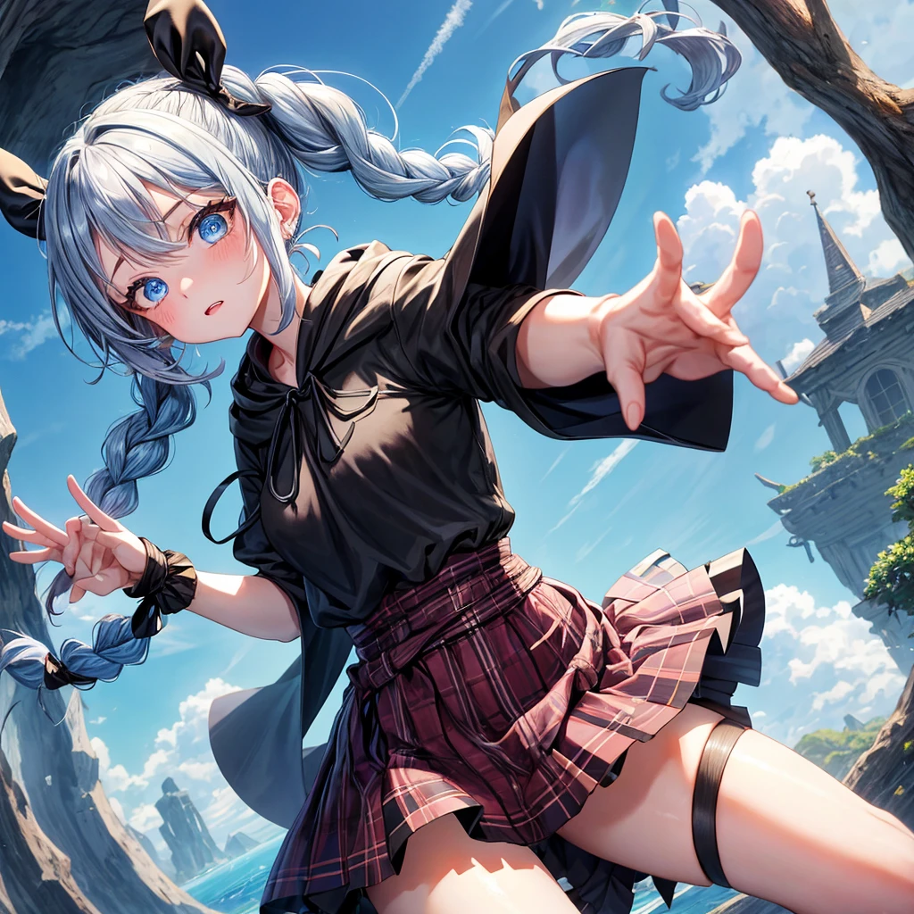 patina hair、blue eyes、Braid、ponytail、one good looking girl、solo、anime、Plaid miniskirt、camisole、black t-shirt、Tilting your face、Doing the ribbon、Ribbon at waist、Raising legs、cloak、the ground is cracked、Crystal Grotto、wearing a hood、look back