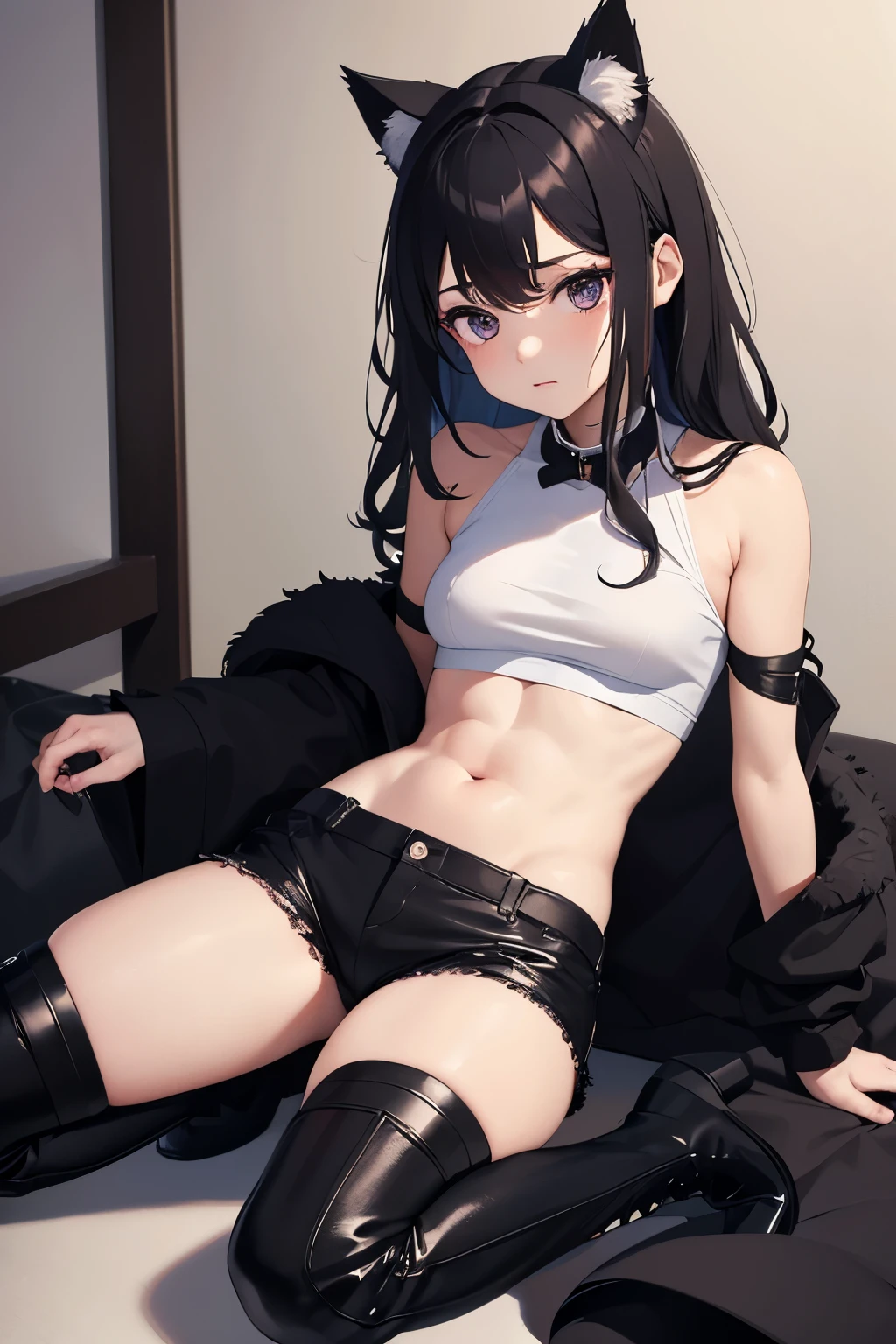 best quality, 32k, RAW photo, incredibly absurdres, extremely detailed, delicate texture, , cheerful and active cute girl, wearing crop top, shorts, abs, expressionless, shy, black-purple wavy messy medium hair, black cat ears, black engineer boots