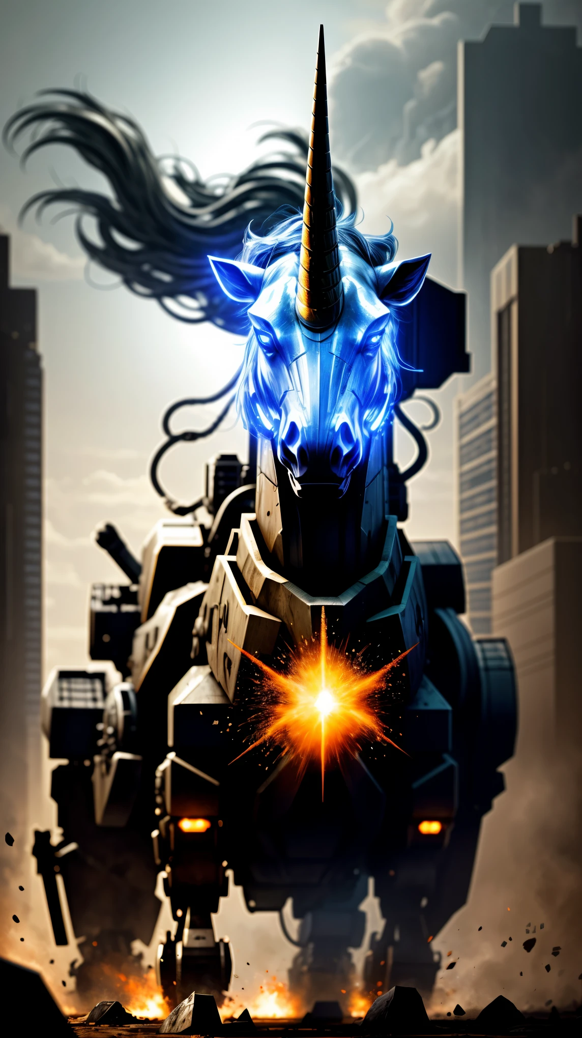 concept art, epic armored mech-unicorn ready for battle, deep shadow, cinematic lighting, high contrast, detailed metallic texture, vibrant colors, dynamic pose, explosive energy, dystopian background, intense atmosphere