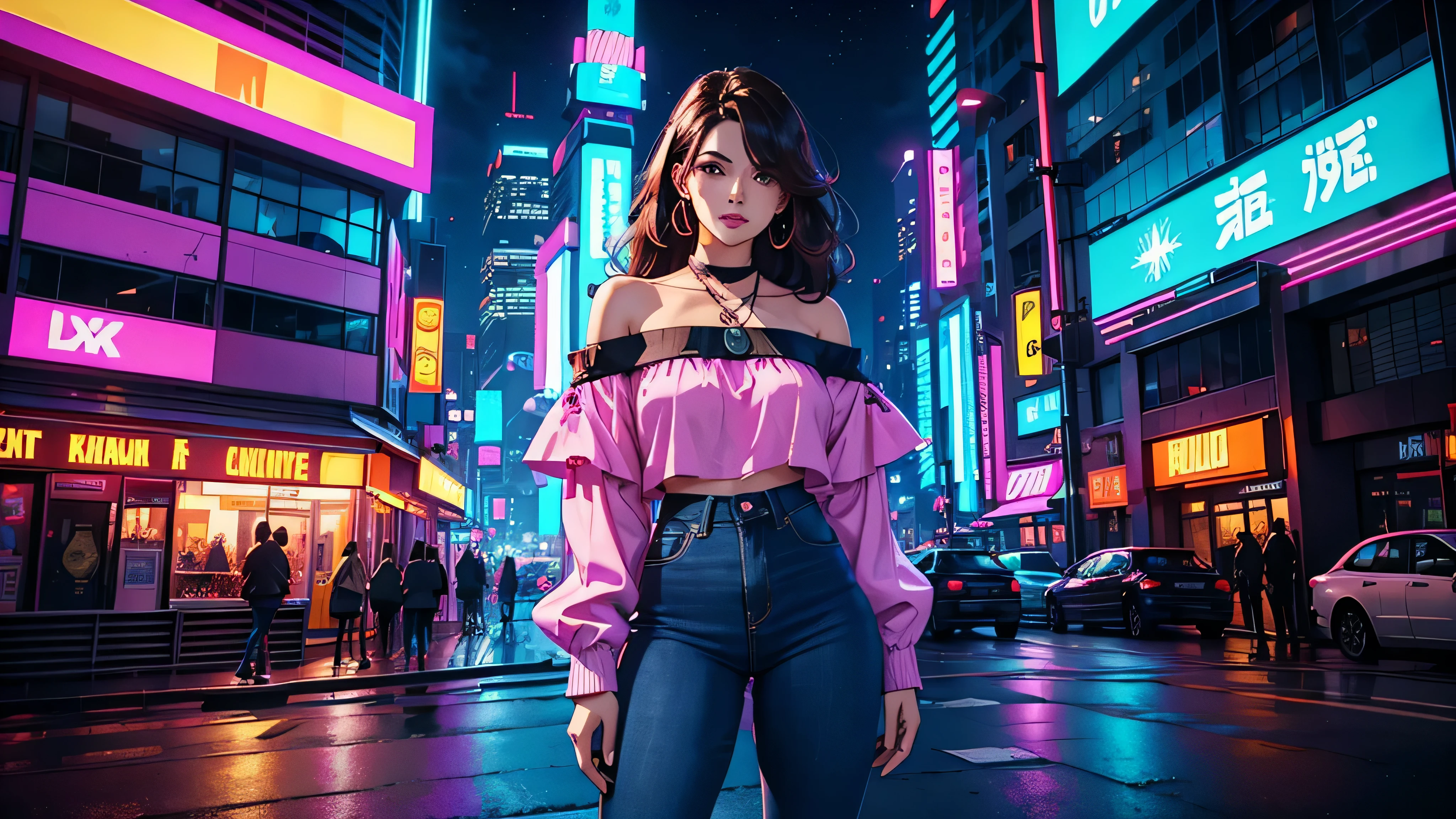 Araffe woman in a pink top and jeans standing in the middle of a city ...