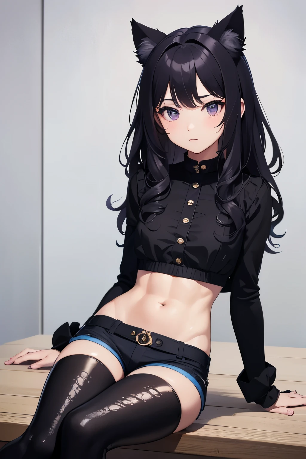 best quality, 32k, RAW photo, incredibly absurdres, extremely detailed, delicate texture, , cheerful and active cute girl, wearing crop top, shorts, abs, expressionless, shy, black-purple wavy messy medium hair, black cat ears, black engineer boots