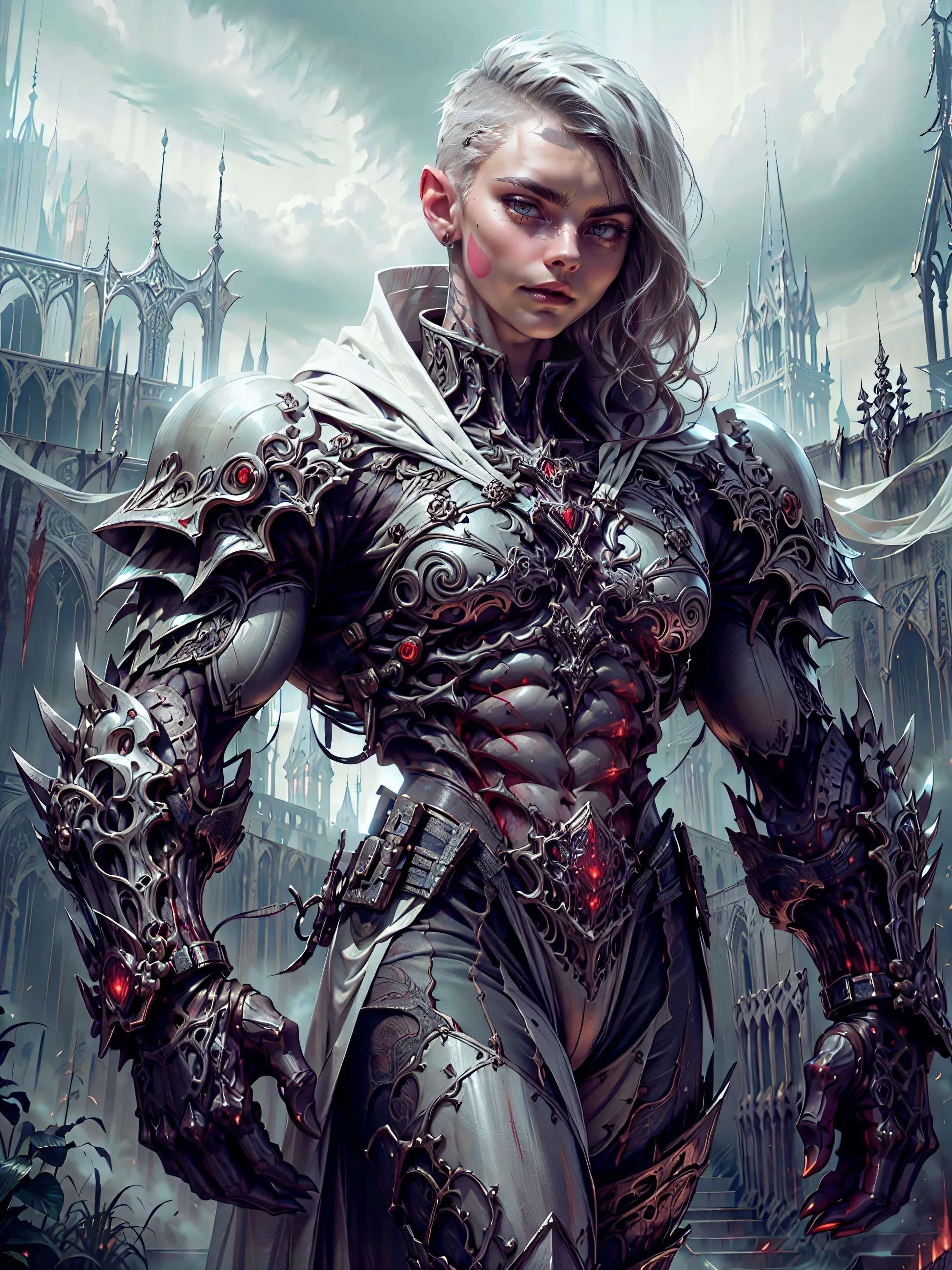 (1 girl), (cara delevingne:1.25), (pure white skin:1.25), Beautiful vampire girl dressed in ornate medieval vampiric full body armor, (perfect fingers:1.24), (extreme muscular definition:1.5), (vampiric body armor:1.25), (huge muscular arms:1.5,) (10-pack abs:1.4), (lots of veins:1.25), Ultra Realistic, Very detailed face and eyes, a true masterpiece, with an atmosphere of horror, gothica, blood, haunted cathedrals