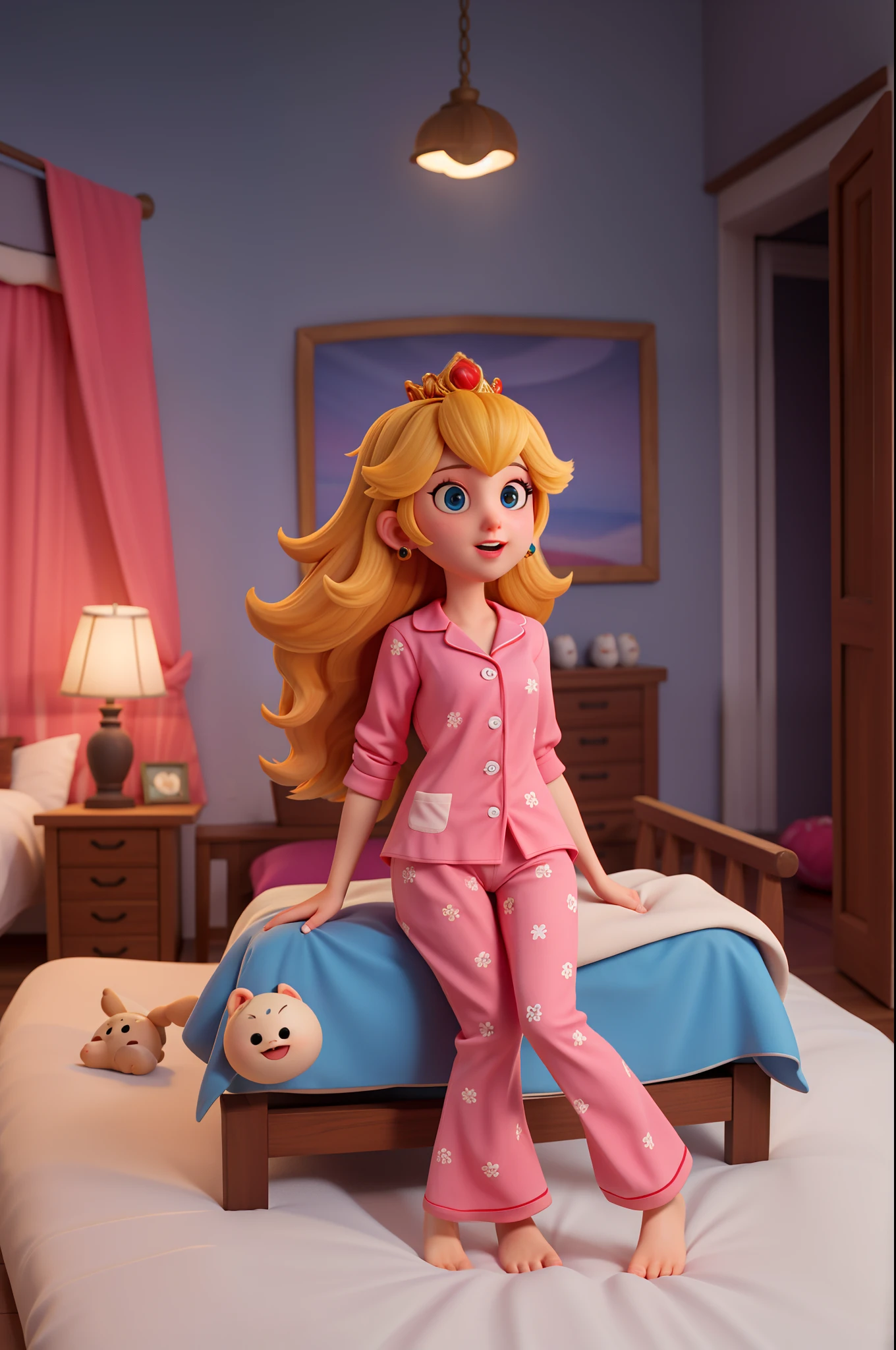 princess peach,pijamas ajustados, vista de la entrepierna,cama,muslos gruesos