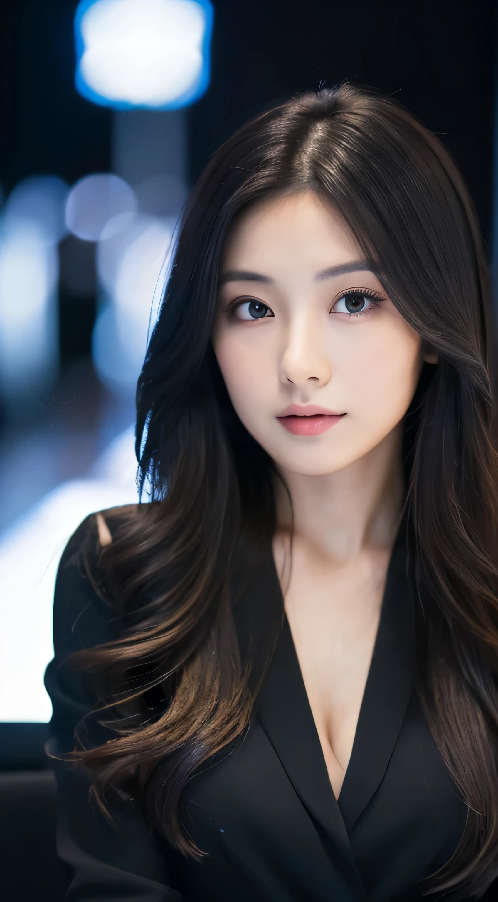 (highest quality, 8K, 32K, masterpiece, UHD: 1.2), 1 girl, beautiful japanese woman, thinウエスト,casual , detailed face, black hair, long hair, droopy eyes, thin, show your whole body, detailed fingertips, one woman, alone, dark tone business wear,office background,24-years-old