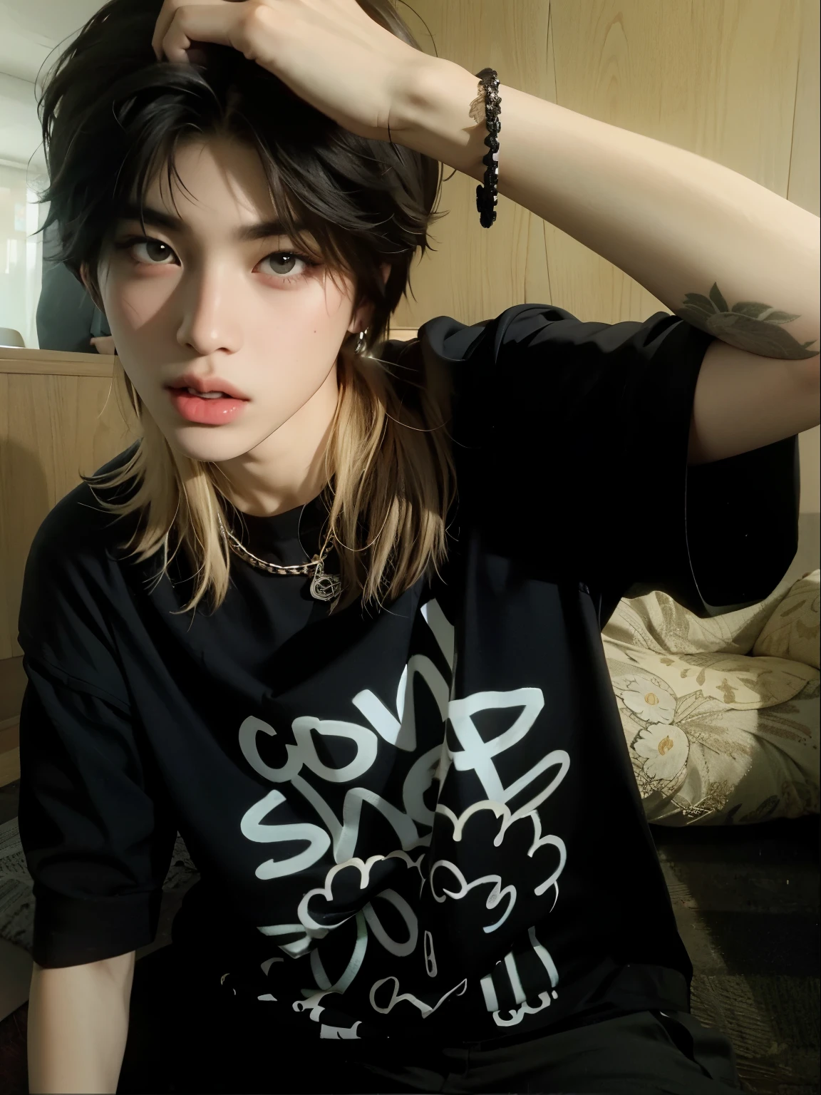 There is a man who is sitting with a cell phone, sol yunjoo, complejo!!, ropa de calle japonesa, con estilo pop punk, Jungkook de BTS, el lleva ropa de calle, cai xukun, chiho, Rena nunen estilo 3/4, Cruel korean gothic boy, Jinyoung Shin, 👅 👅, Estilo fresco, estilo emo, oficial