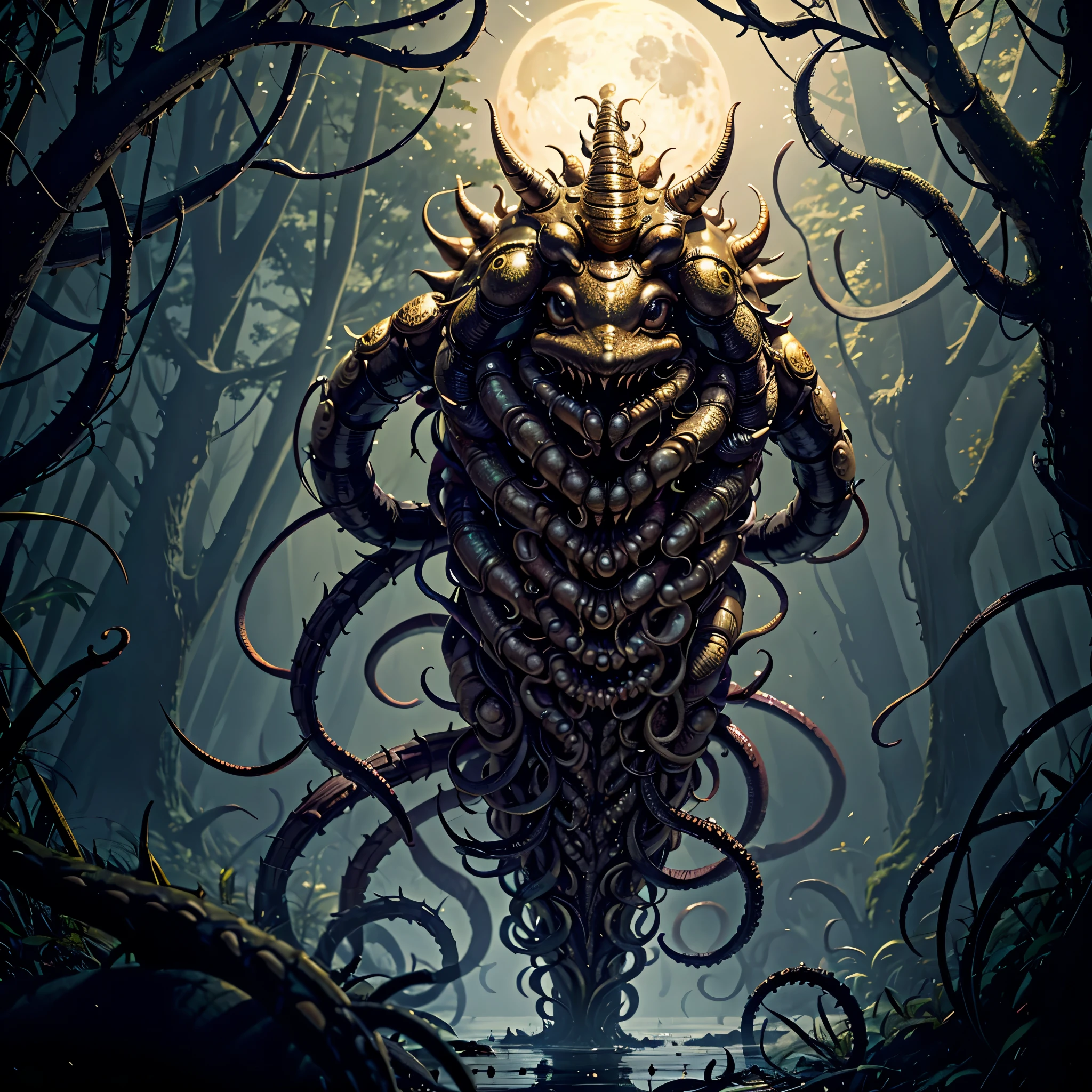 An eldritch horror with many tentacles and many insect eyes crawls through the forest, it has a single golden unicorn horn protruding from its head, set in a moonlit swamp